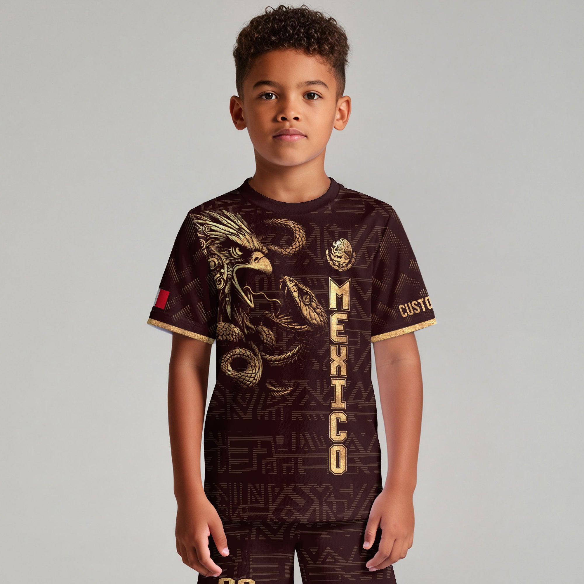 Custom Mexico Kids Soccer Jersey Burgundy Gold Aztec Eagle & Serpent Design