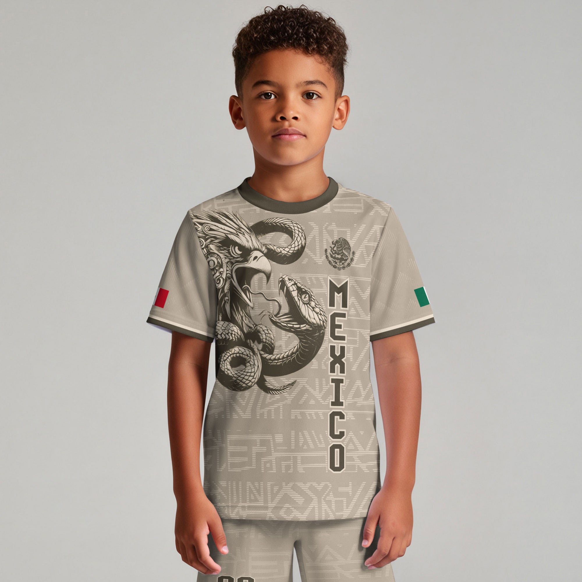 Custom Mexico Kids Soccer Jersey Beige Aztec Eagle & Serpent Heritage Design