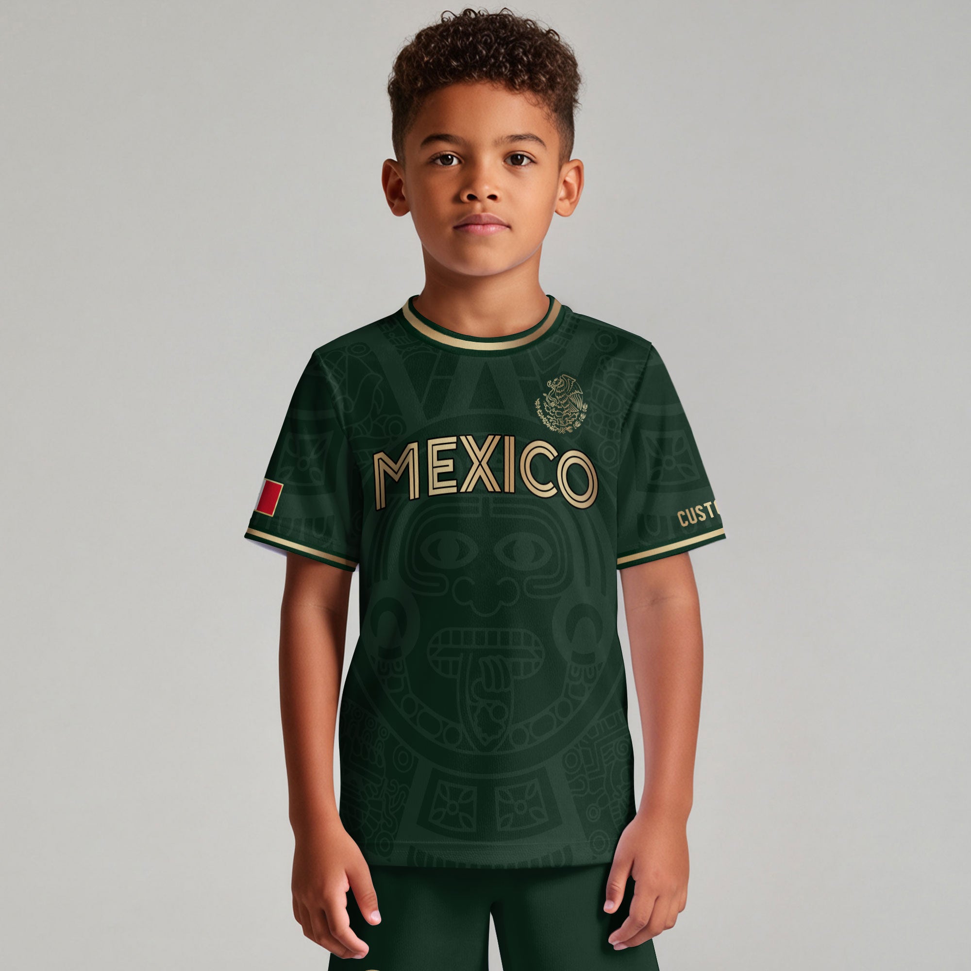 Custom Mexico Kids Soccer Jersey Green Gold Aztec Calendar Heritage Design