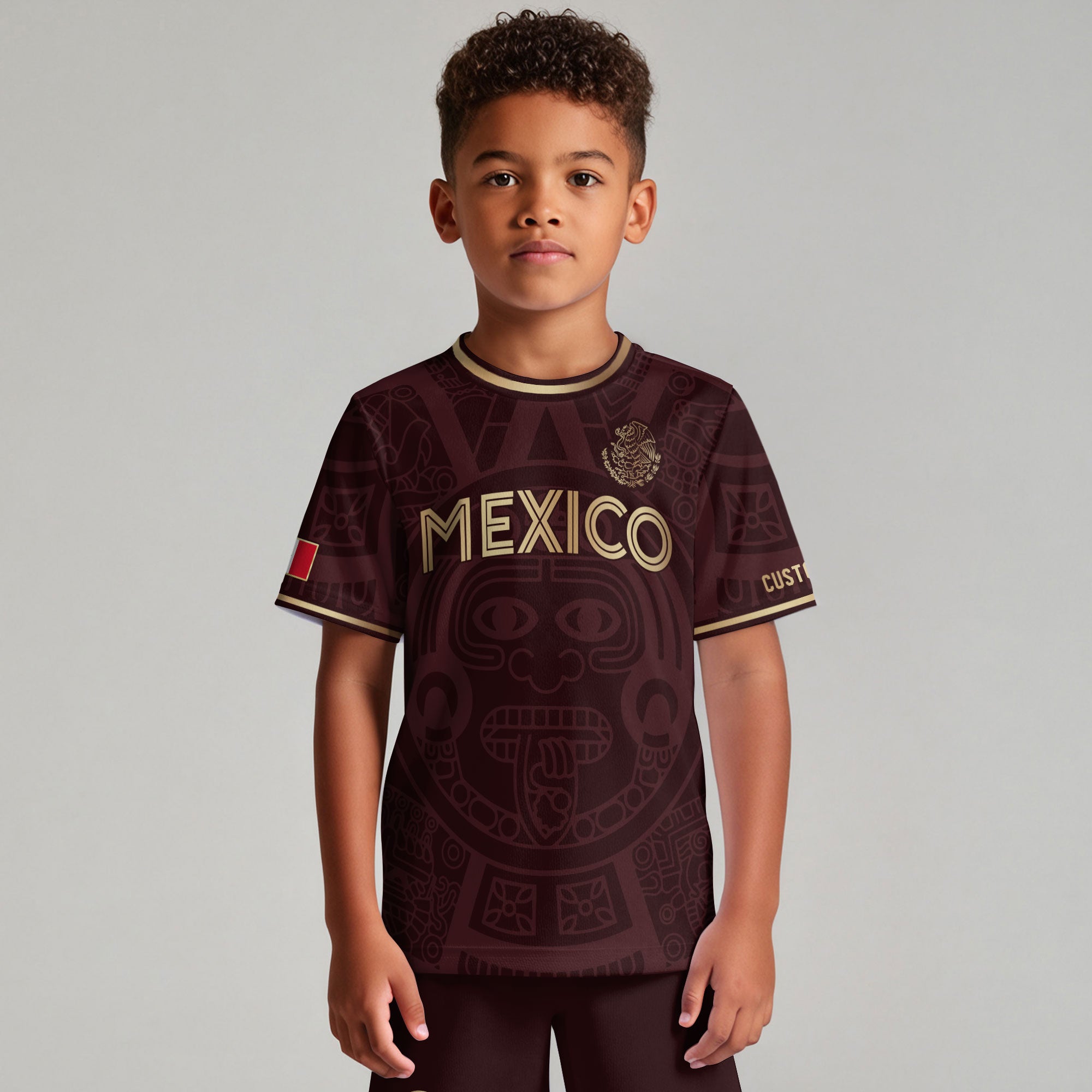 Custom Mexico Kids Soccer Jersey Burgundy Gold Aztec Calendar Heritage Design