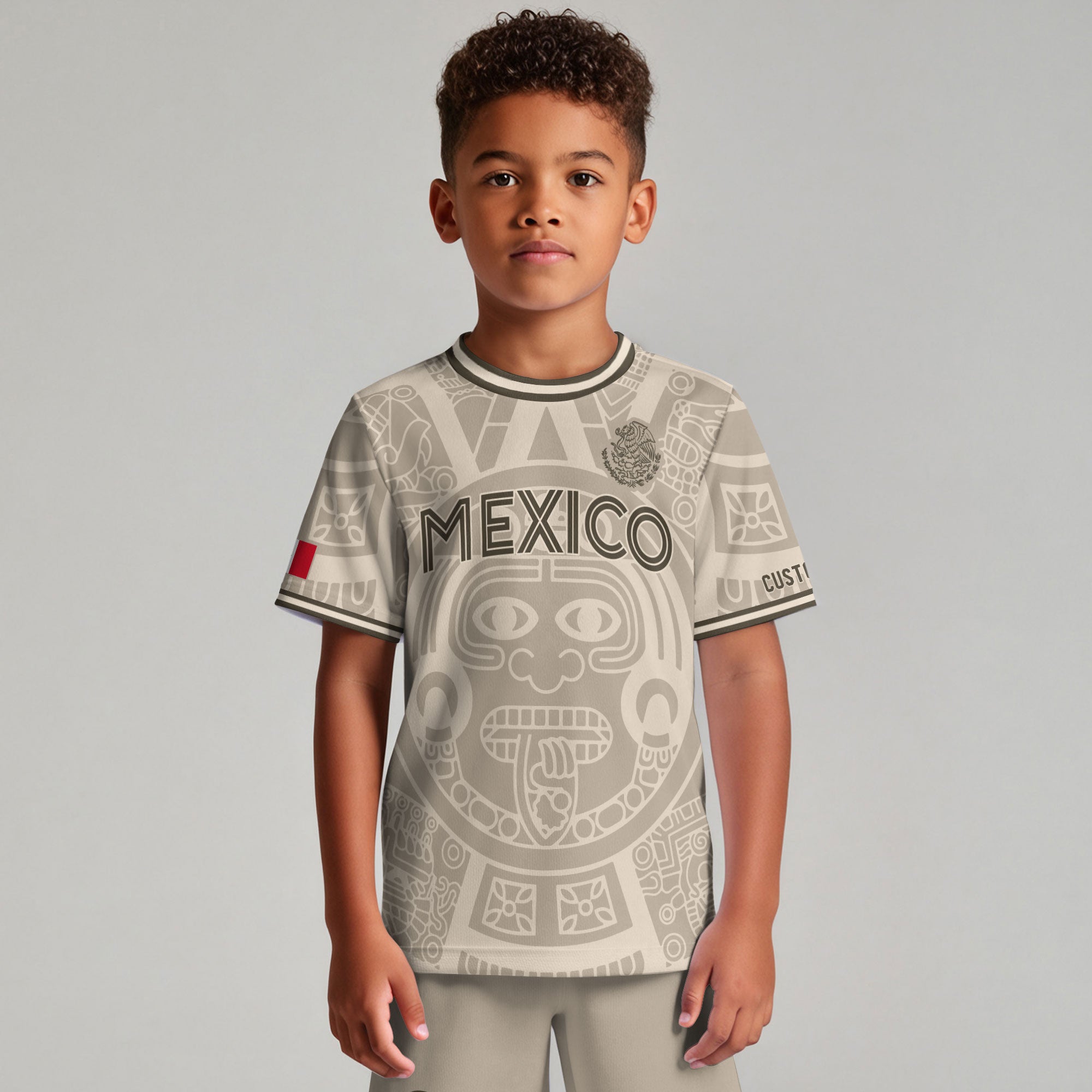 Custom Mexico Kids Soccer Jersey Beige Aztec Calendar Heritage Design