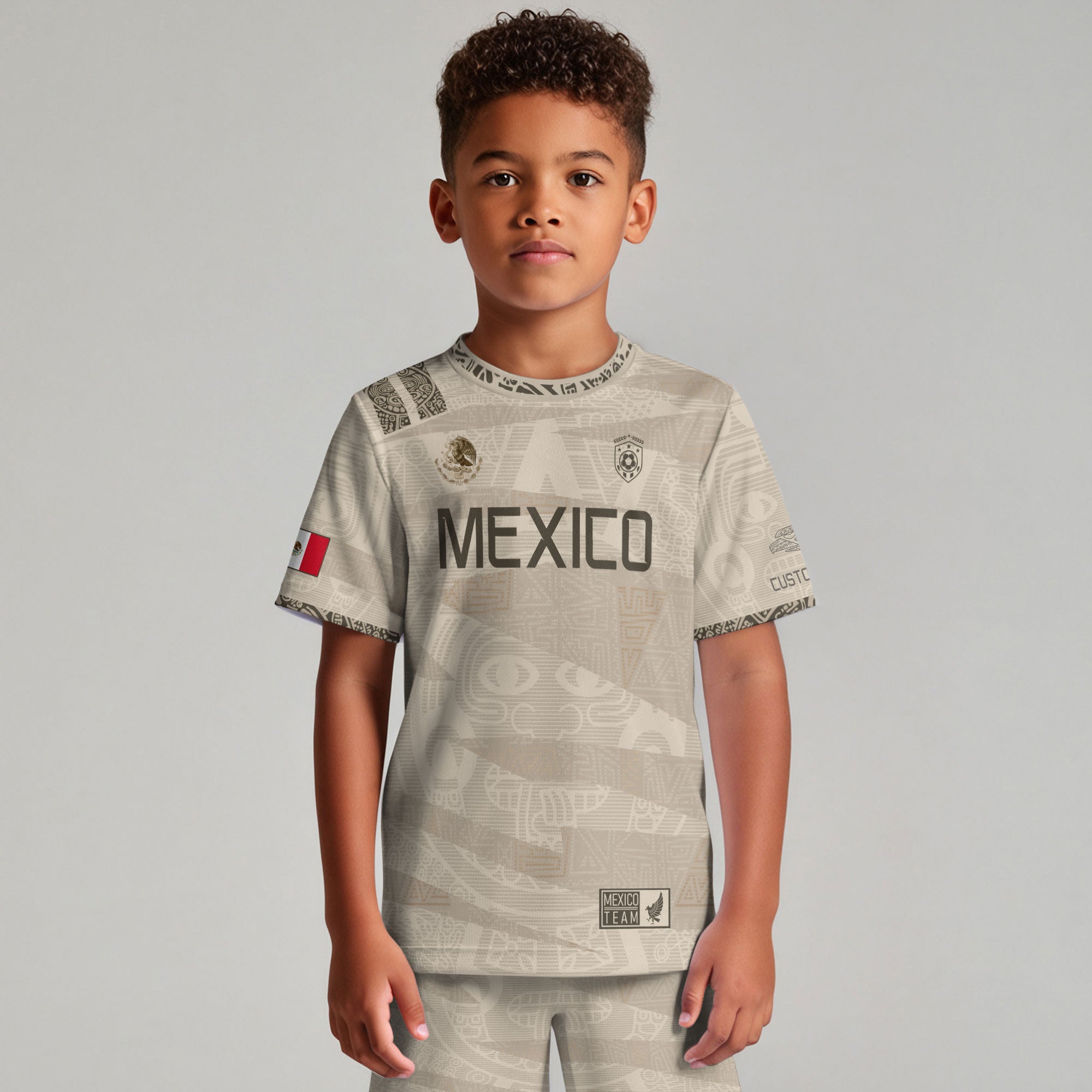 Custom Mexico Beige Aztec Kids Soccer Jersey
