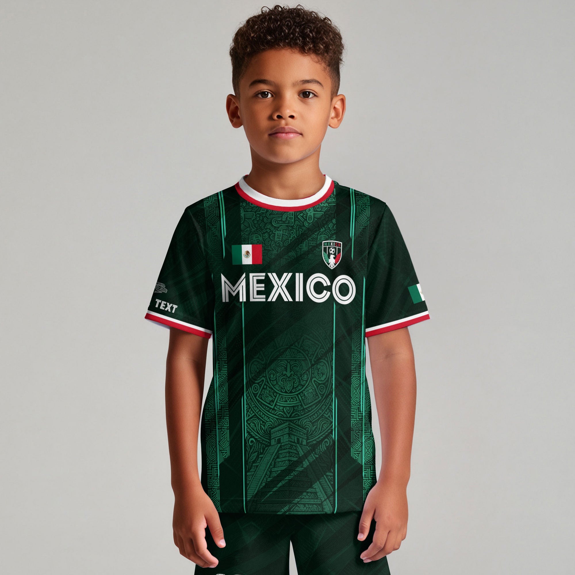 Custom Kids Mexico Soccer Jersey Green Aztec Calendar Design
