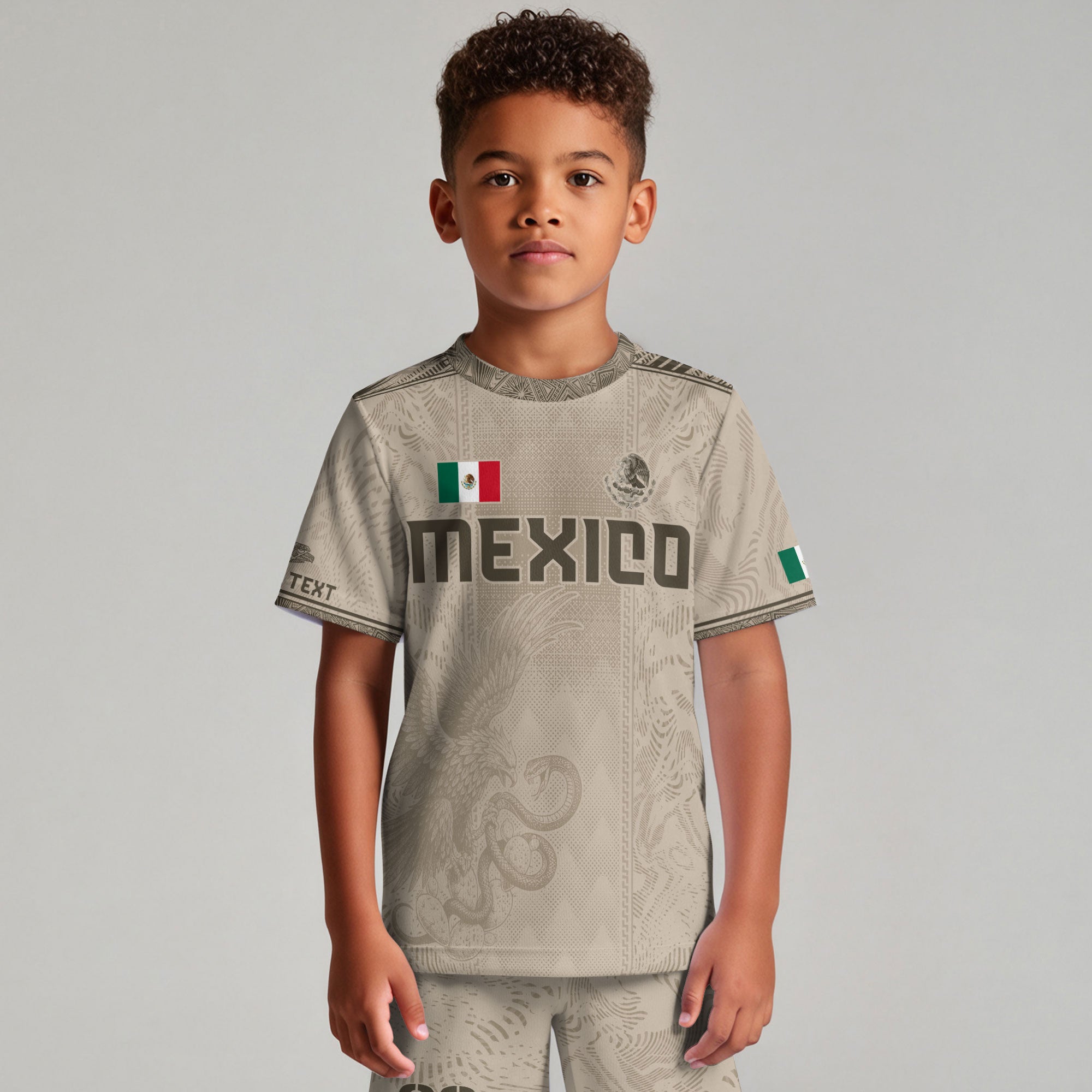 Custom Kids Mexico Soccer Jersey Beige Aztec Eagle Design