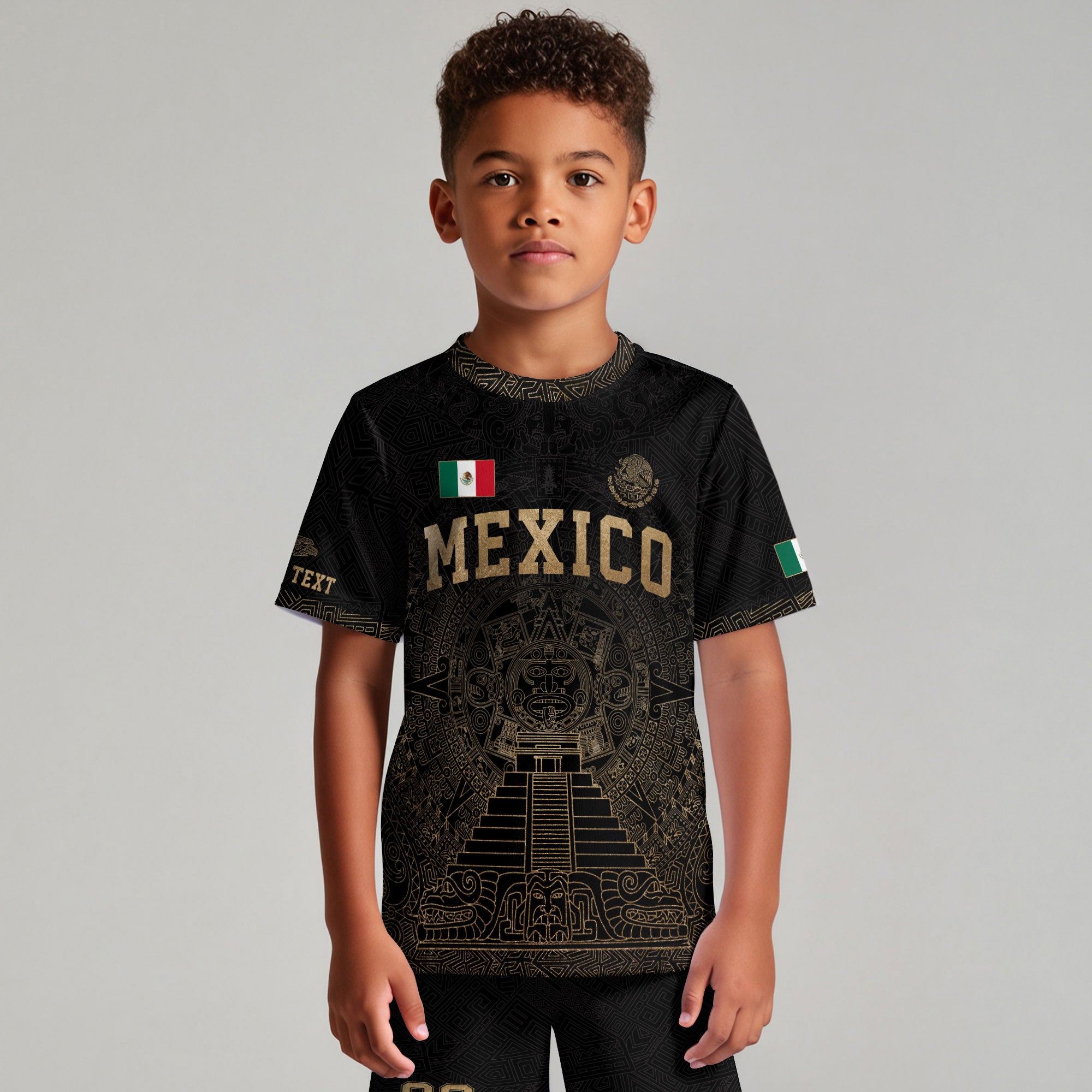 Custom Kids Mexico Soccer Jersey Black Gold Aztec Temple Design