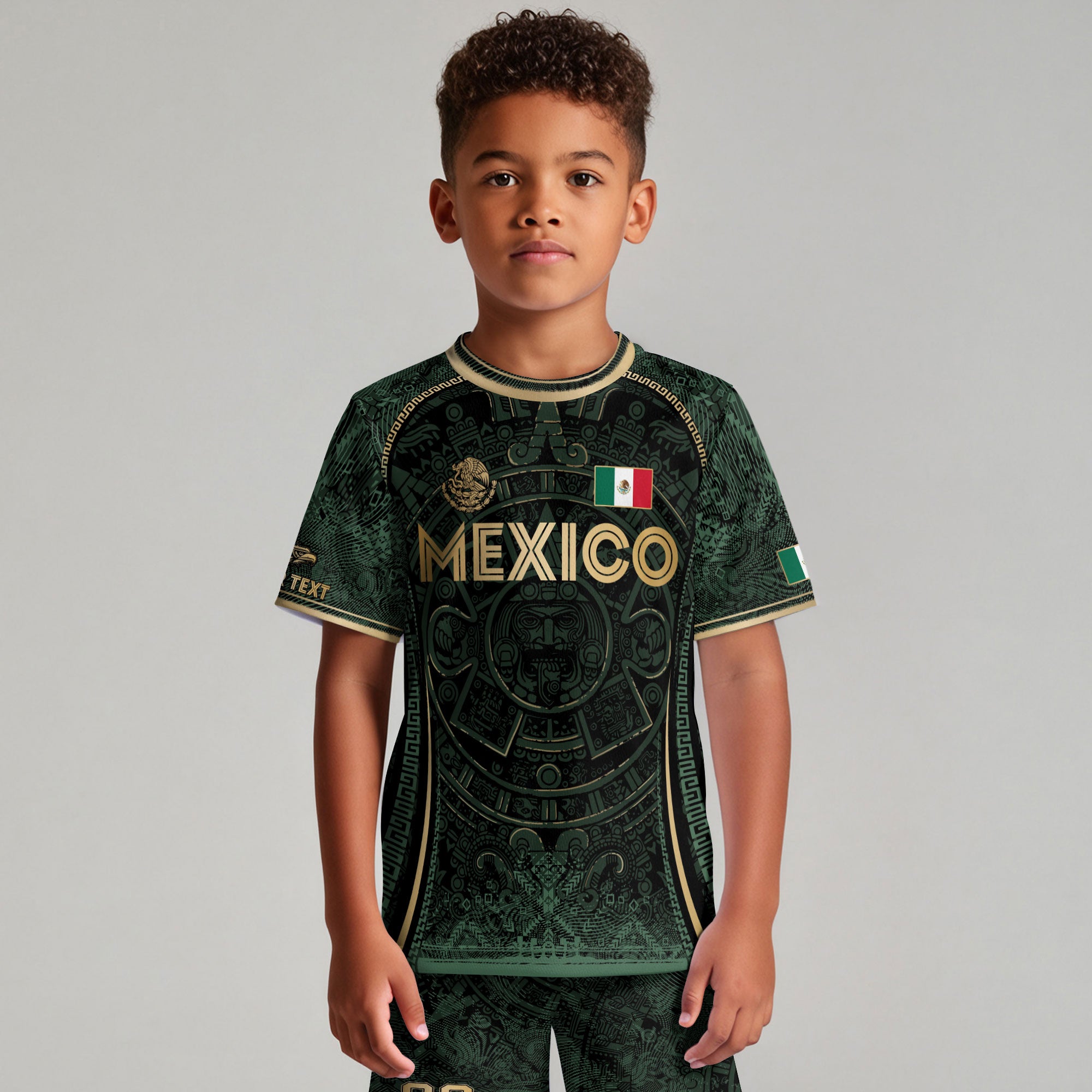 Custom Kids Mexico Soccer Jersey Dark Green Gold Aztec Calendar Design