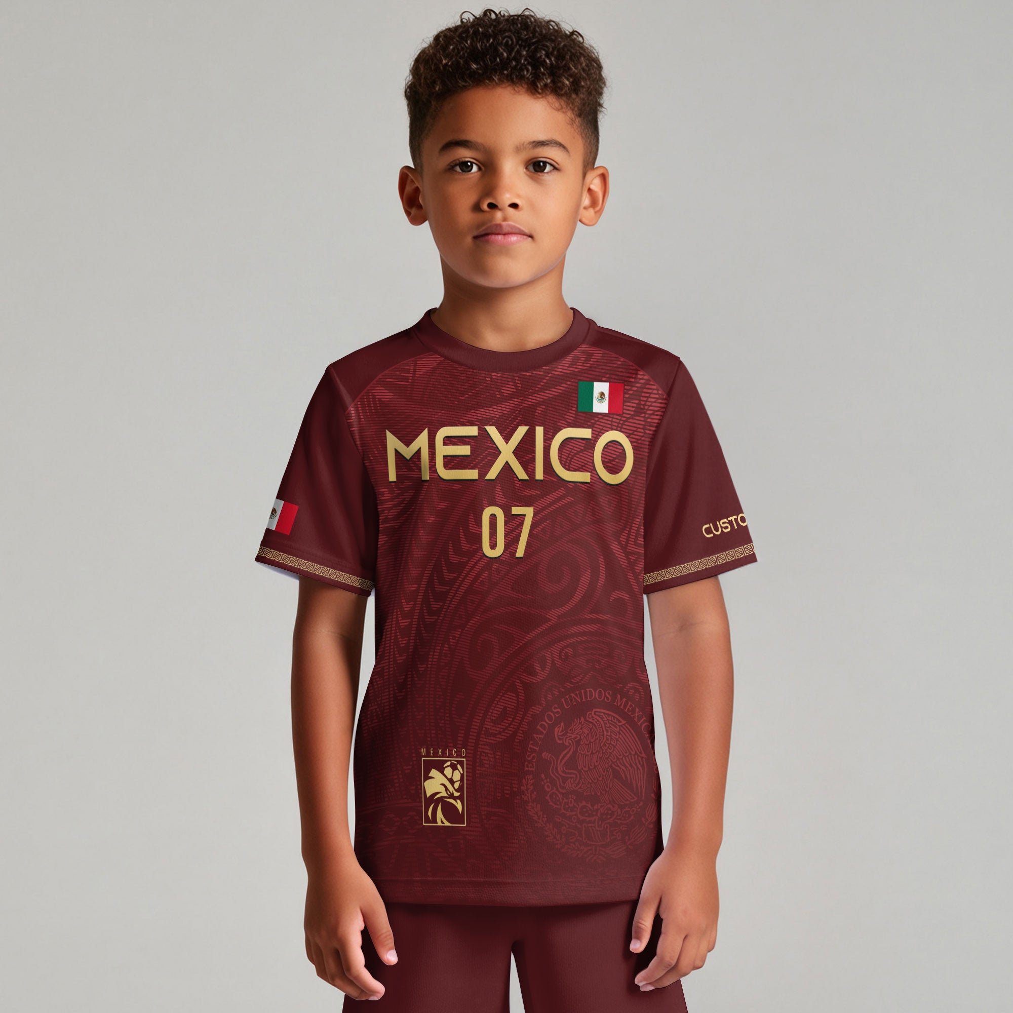 Custom Kids Mexico Soccer Jersey Burgundy Gold Eagle Design