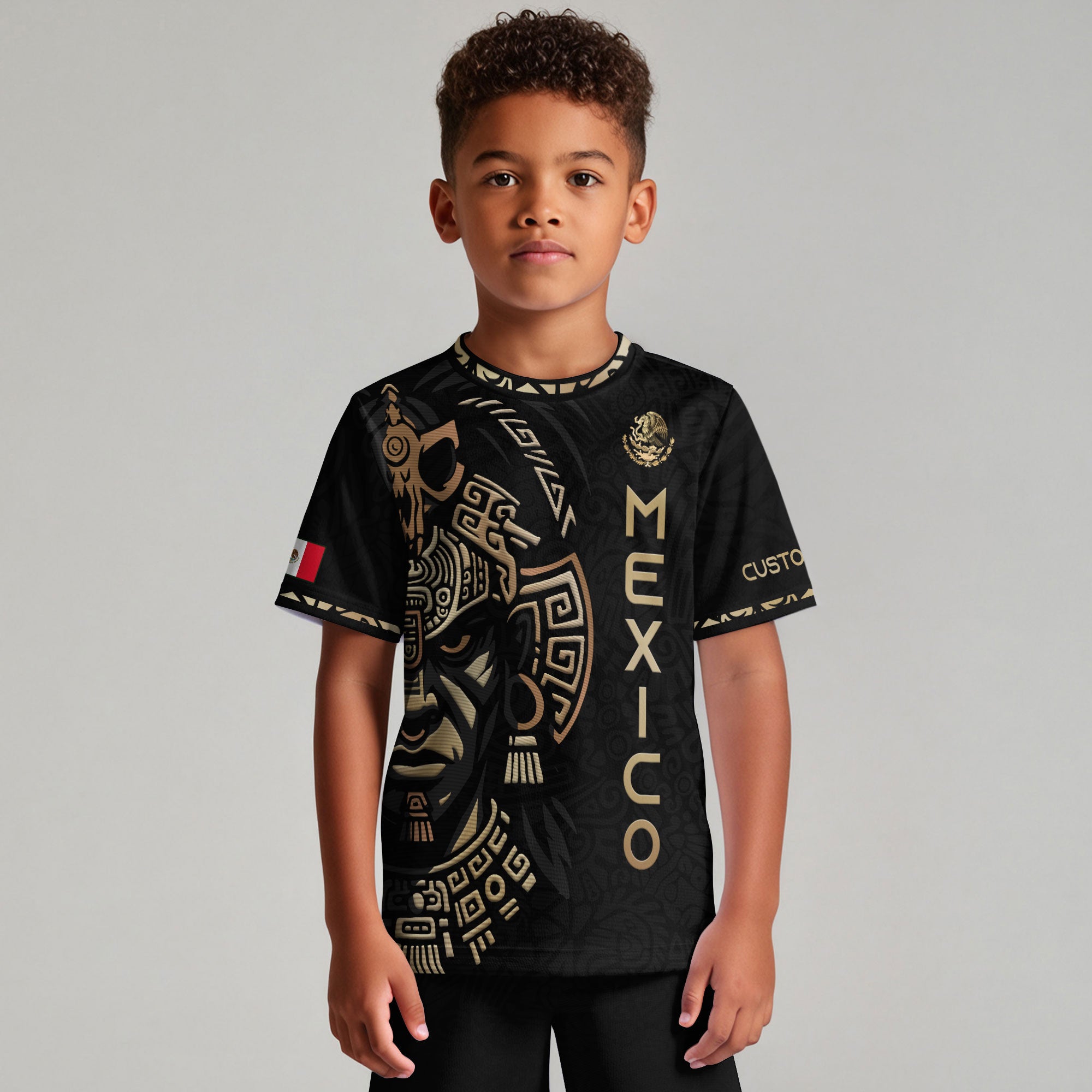 Custom Kid Mexico Aztec Warrior Heritage Black Gold Soccer Jersey