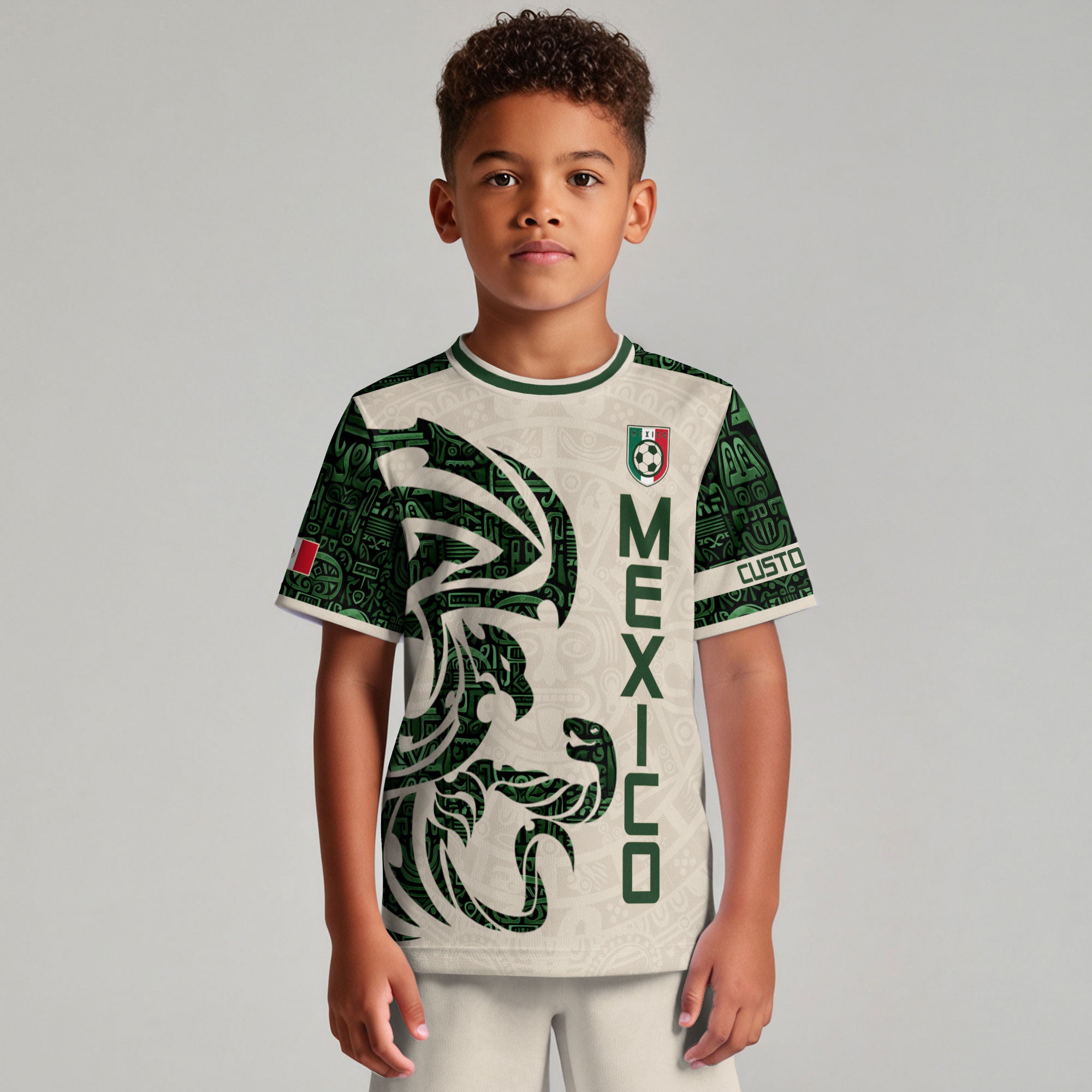 Custom Kid Mexico Beige Green Aztec Eagle Heritage Soccer Jersey