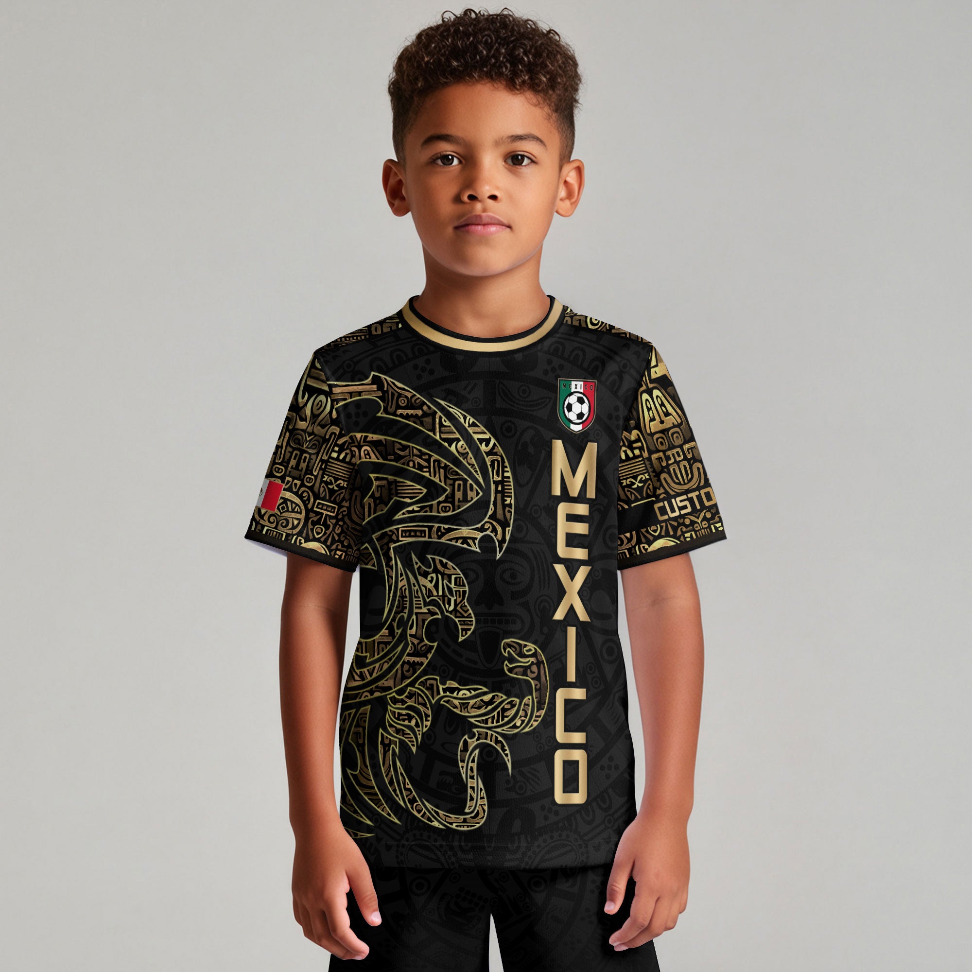 Custom Kid Mexico Black Gold Aztec Eagle Heritage Soccer Jersey