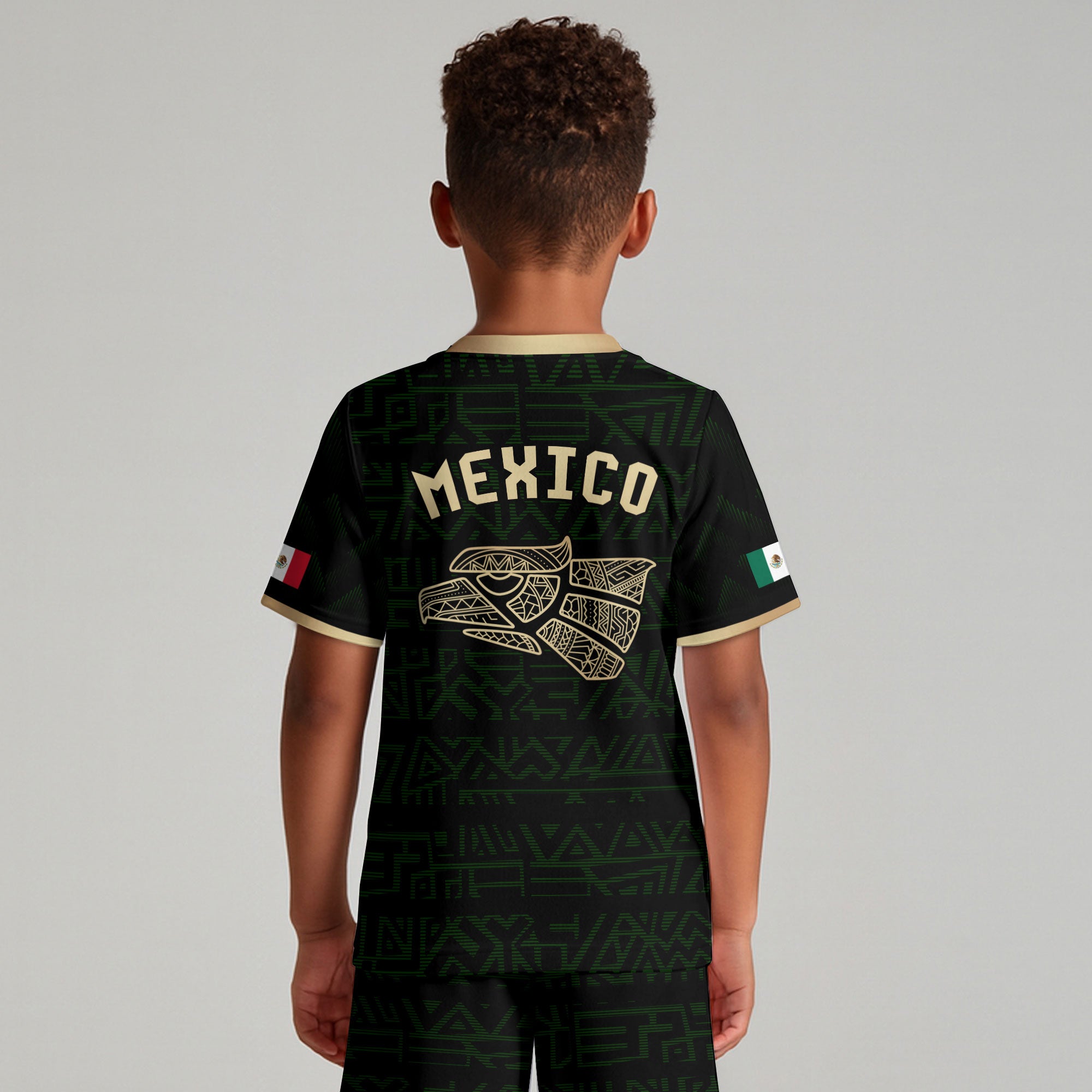 Mexico Kids Soccer Jersey Green Gold Aztec Eagle Serpent Design