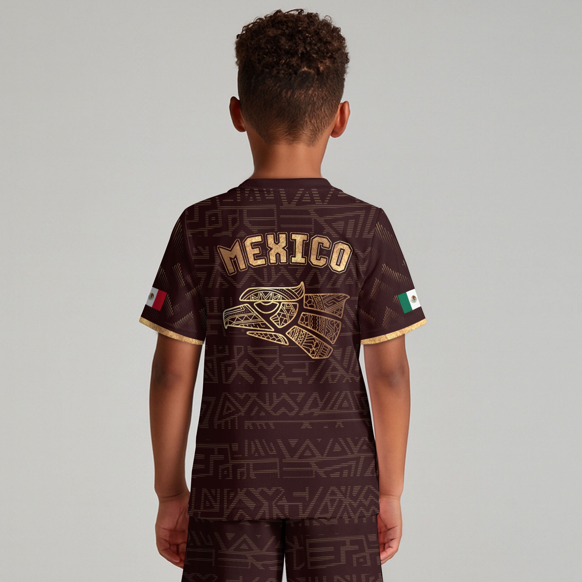 Mexico Kids Soccer Jersey Burgundy Gold Aztec Eagle Serpent Design