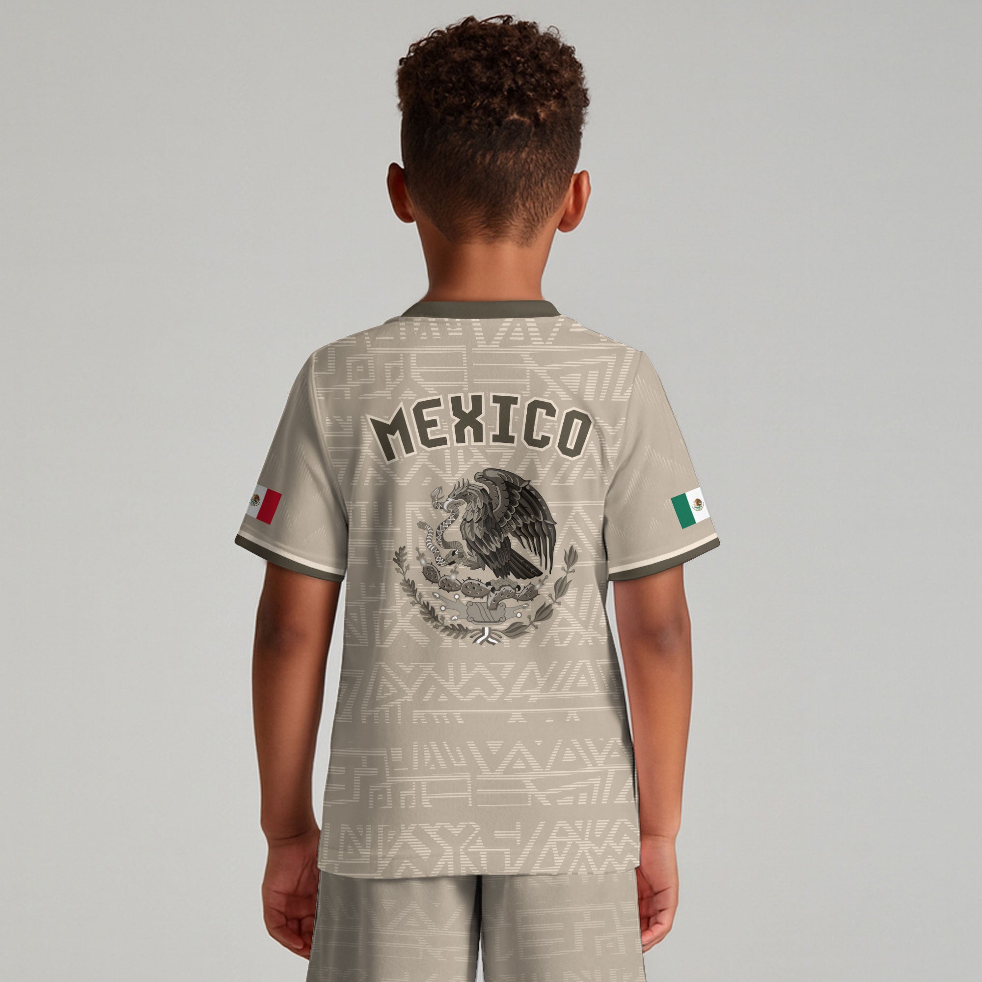 Mexico Kids Soccer Jersey Beige Brown Aztec Eagle Serpent Design