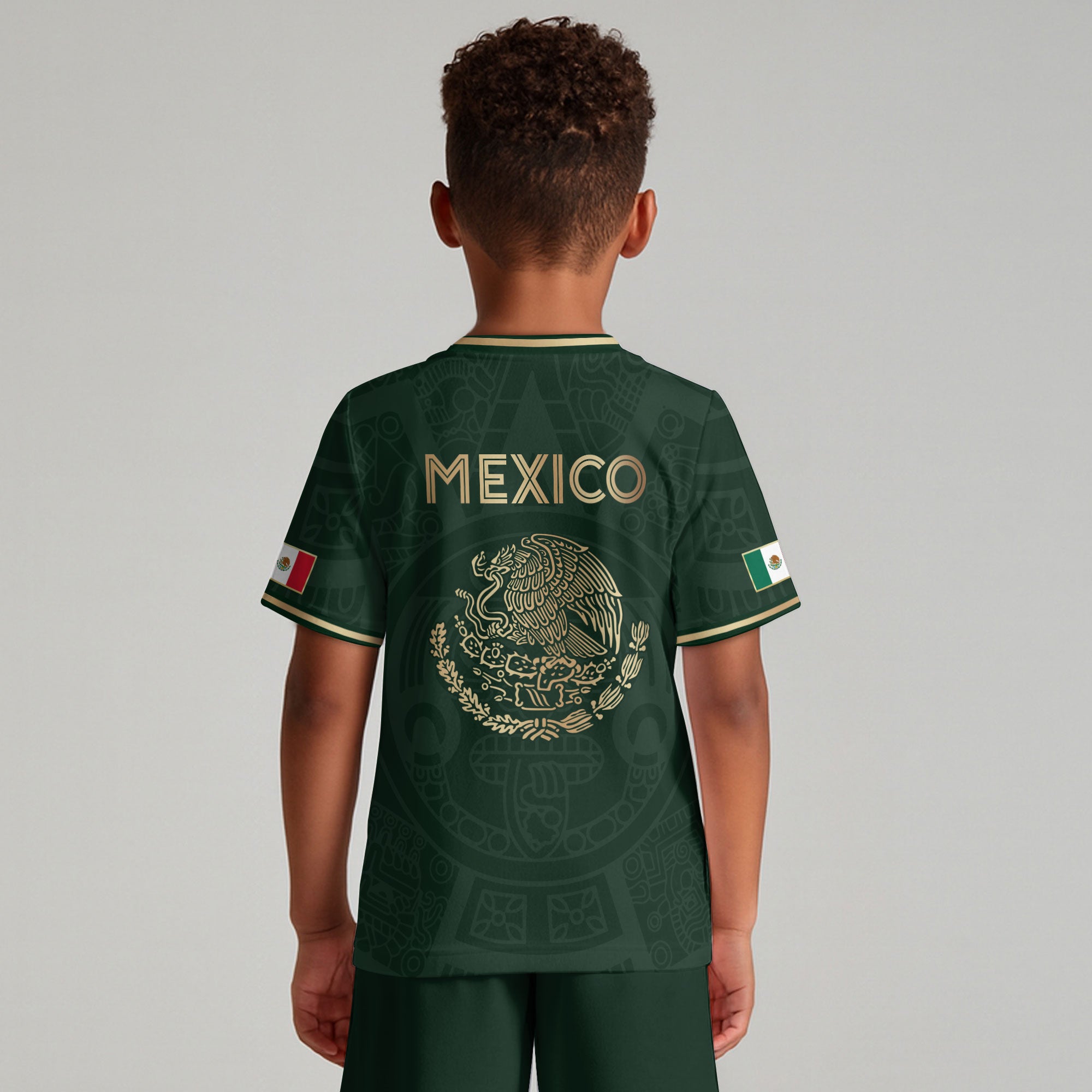Mexico Kids Soccer Jersey Green Gold Aztec Calendar Design