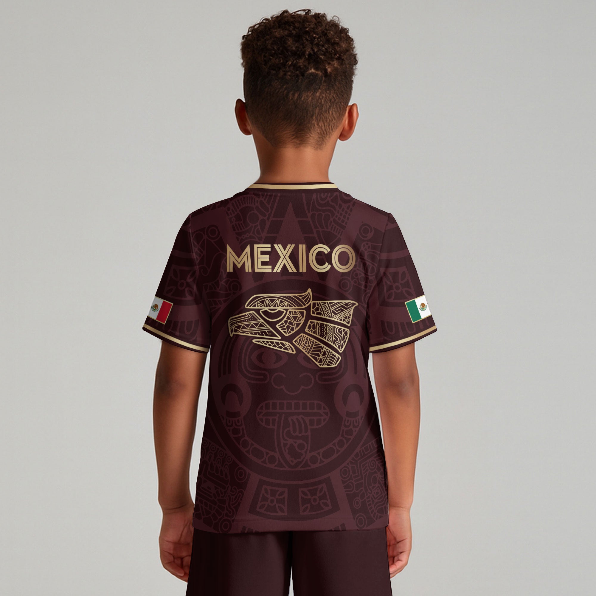Mexico Kids Soccer Jersey Burgundy Gold Aztec Calendar Eagle Design