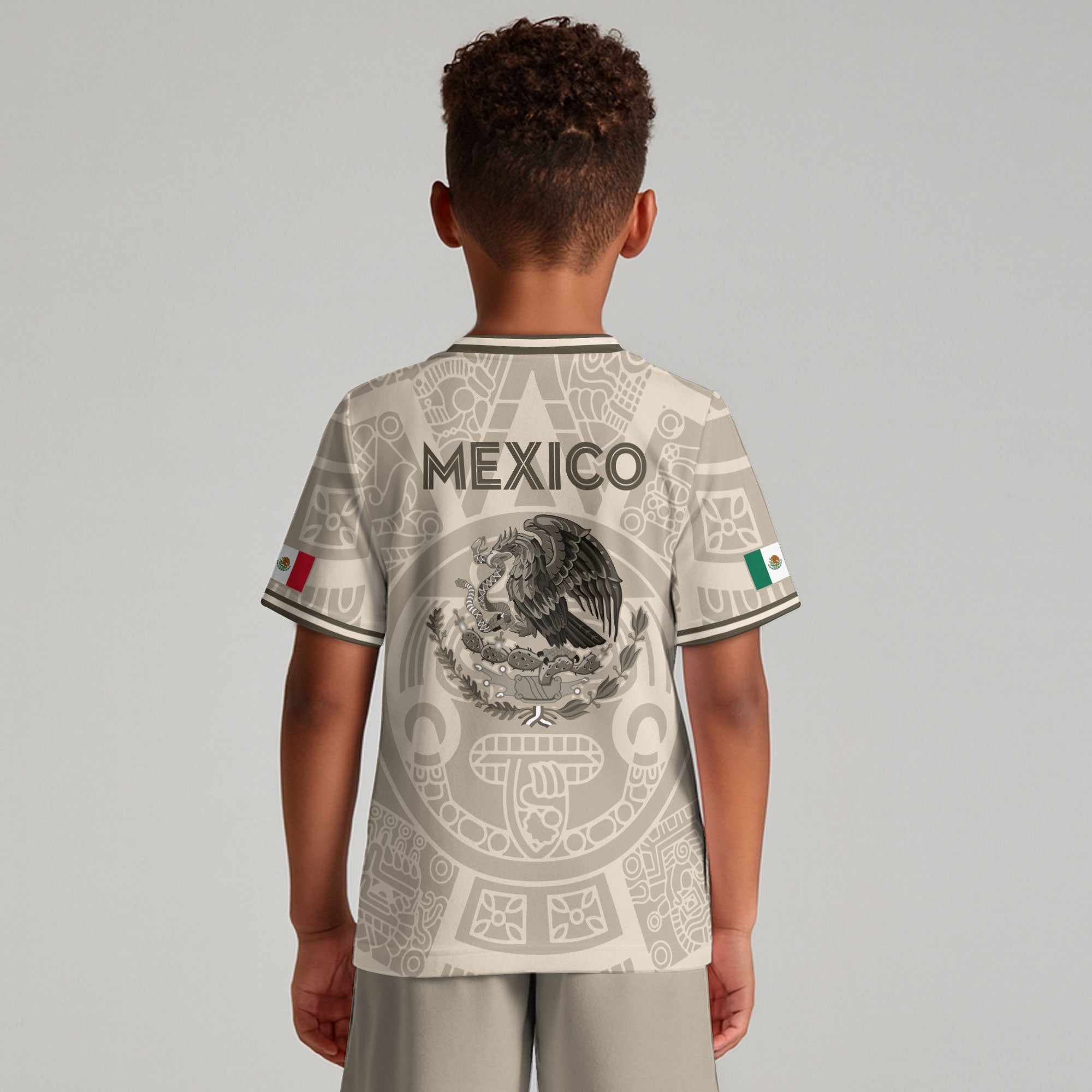 Mexico Kids Soccer Jersey Beige Gold Aztec Calendar Eagle Design