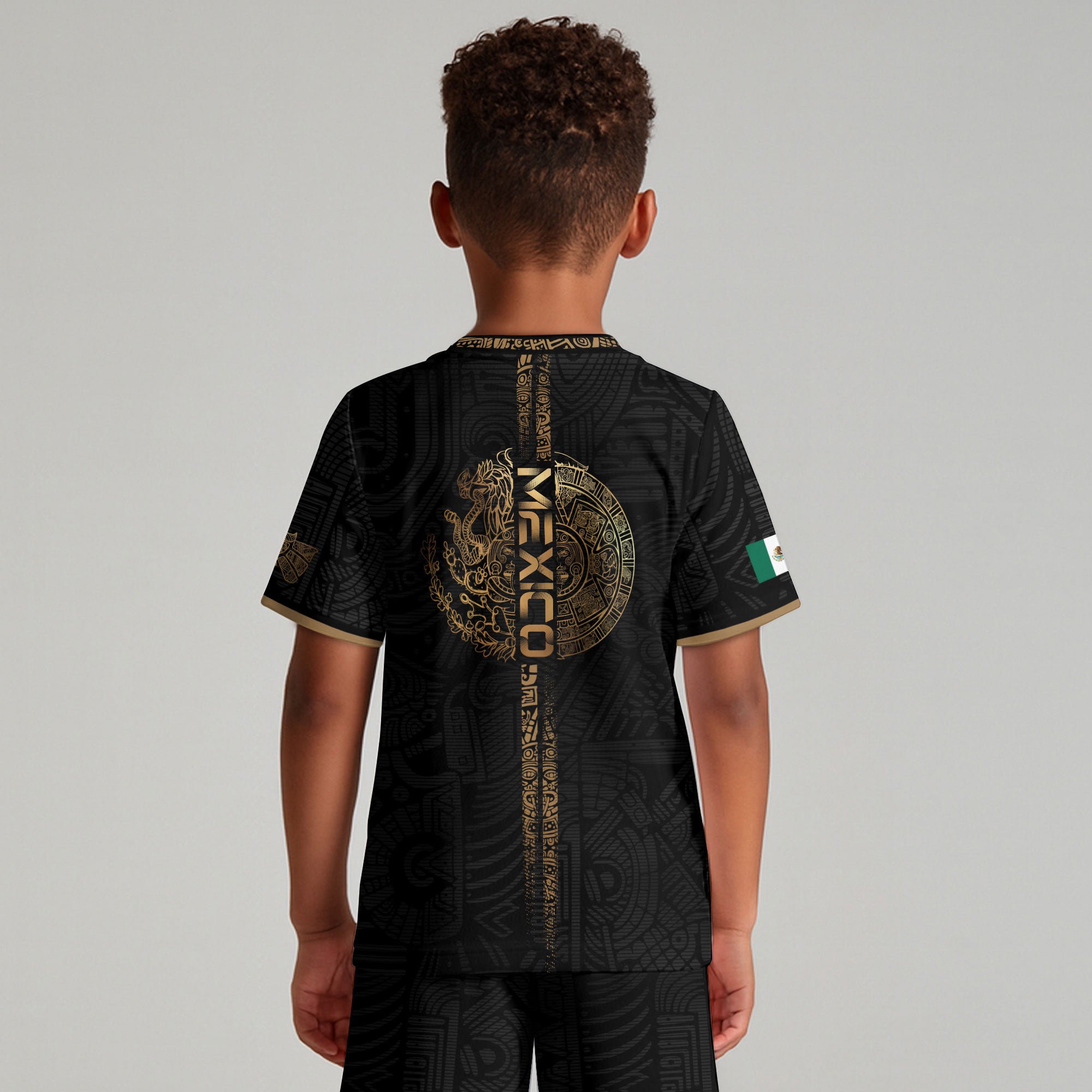 Mexico Black Gold Eagle Vertical Print Youth Fan Soccer Jersey