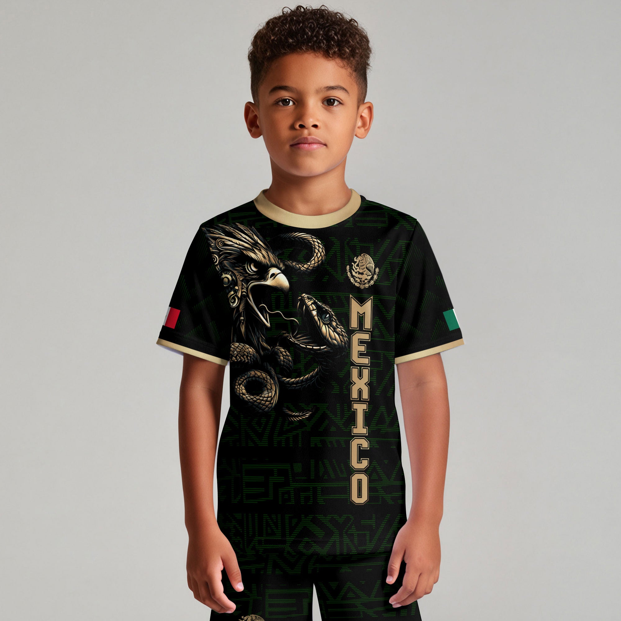 Mexico Kids Soccer Jersey Green Gold Aztec Eagle Serpent Design