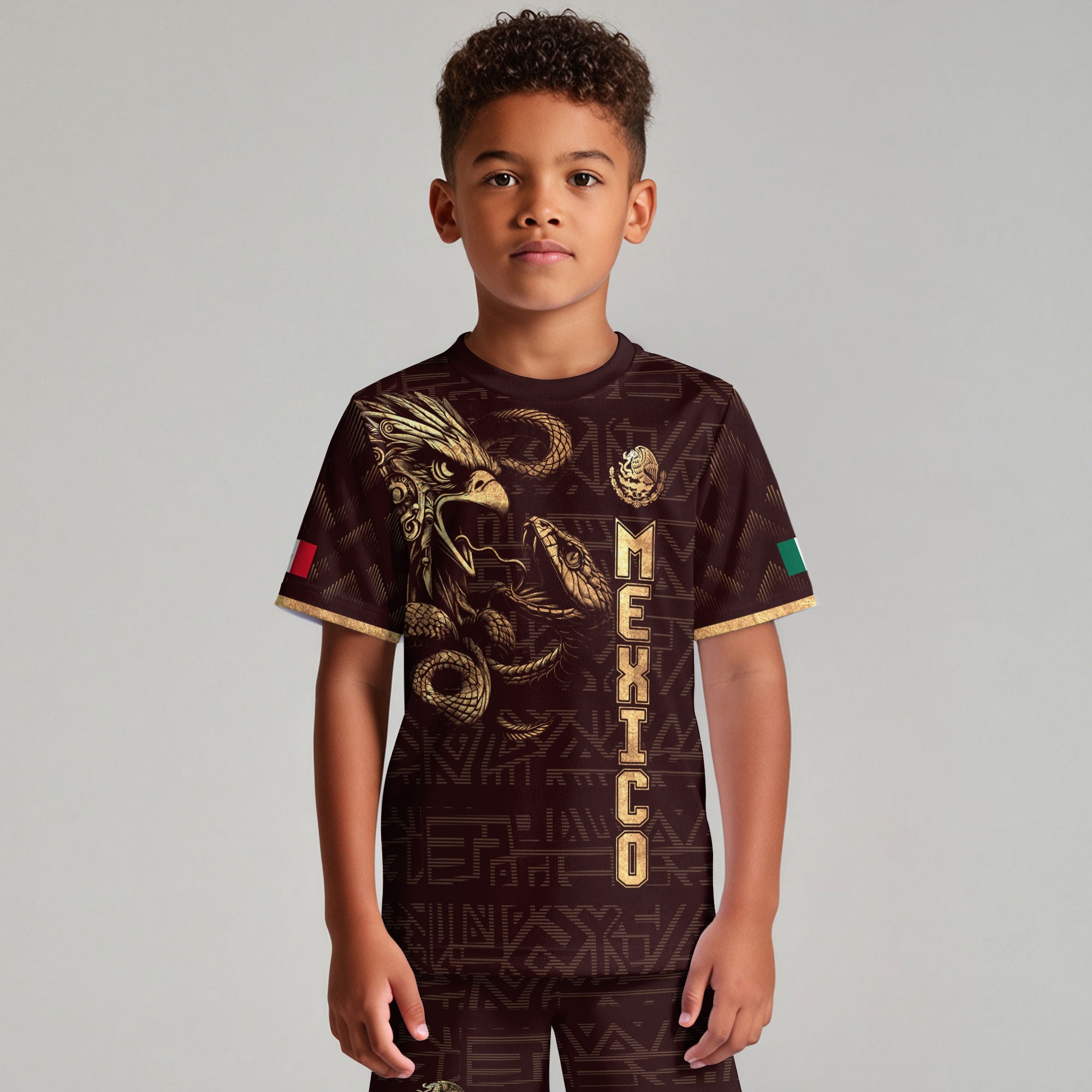 Mexico Kids Soccer Jersey Burgundy Gold Aztec Eagle Serpent Design