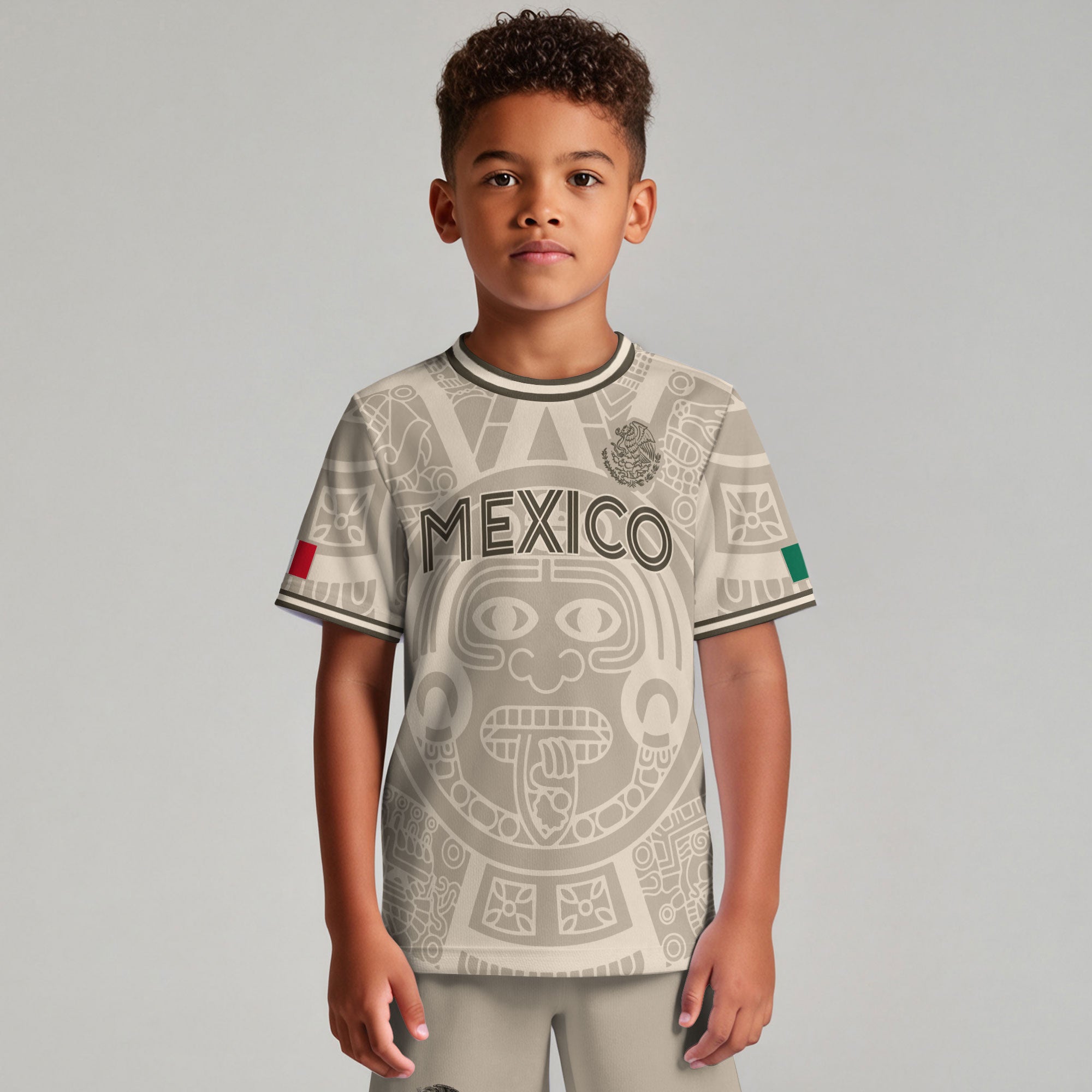 Mexico Kids Soccer Jersey Beige Gold Aztec Calendar Eagle Design