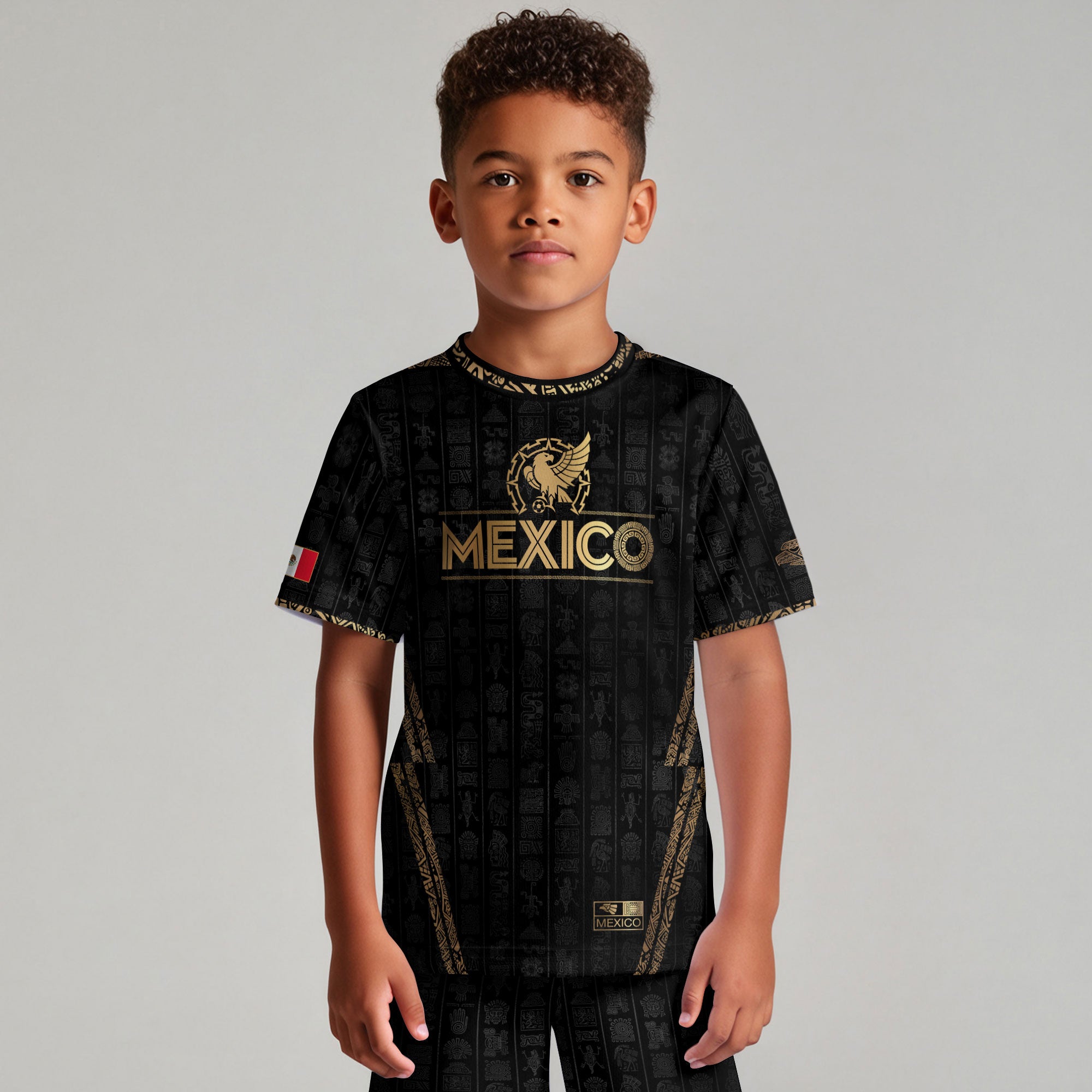 Mexico Tribal Black Gold Aztec Stone Engraving Kids Soccer Jersey
