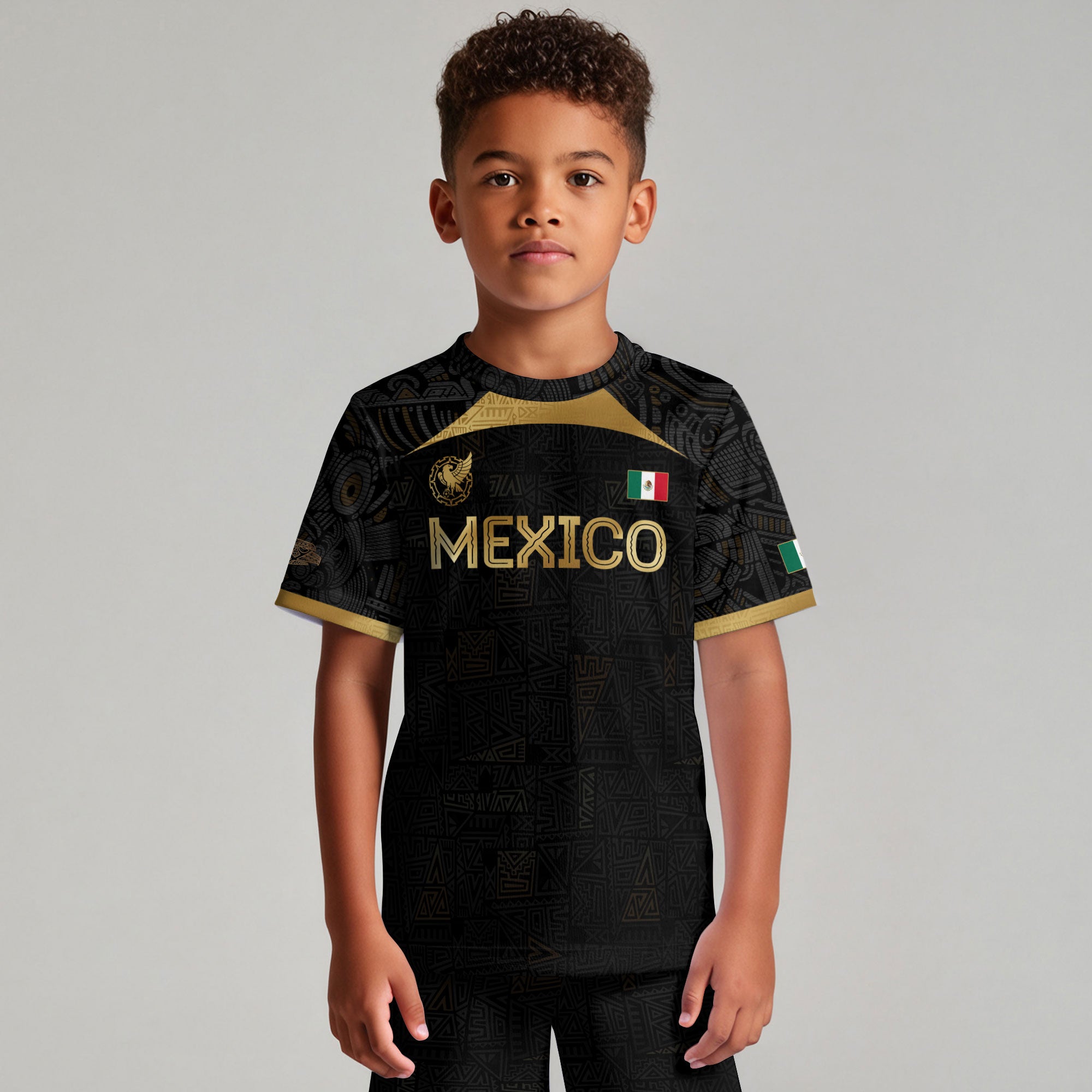 Mexico Team Apparel Black Gold Emblem Tribal Print Kids Soccer Jersey