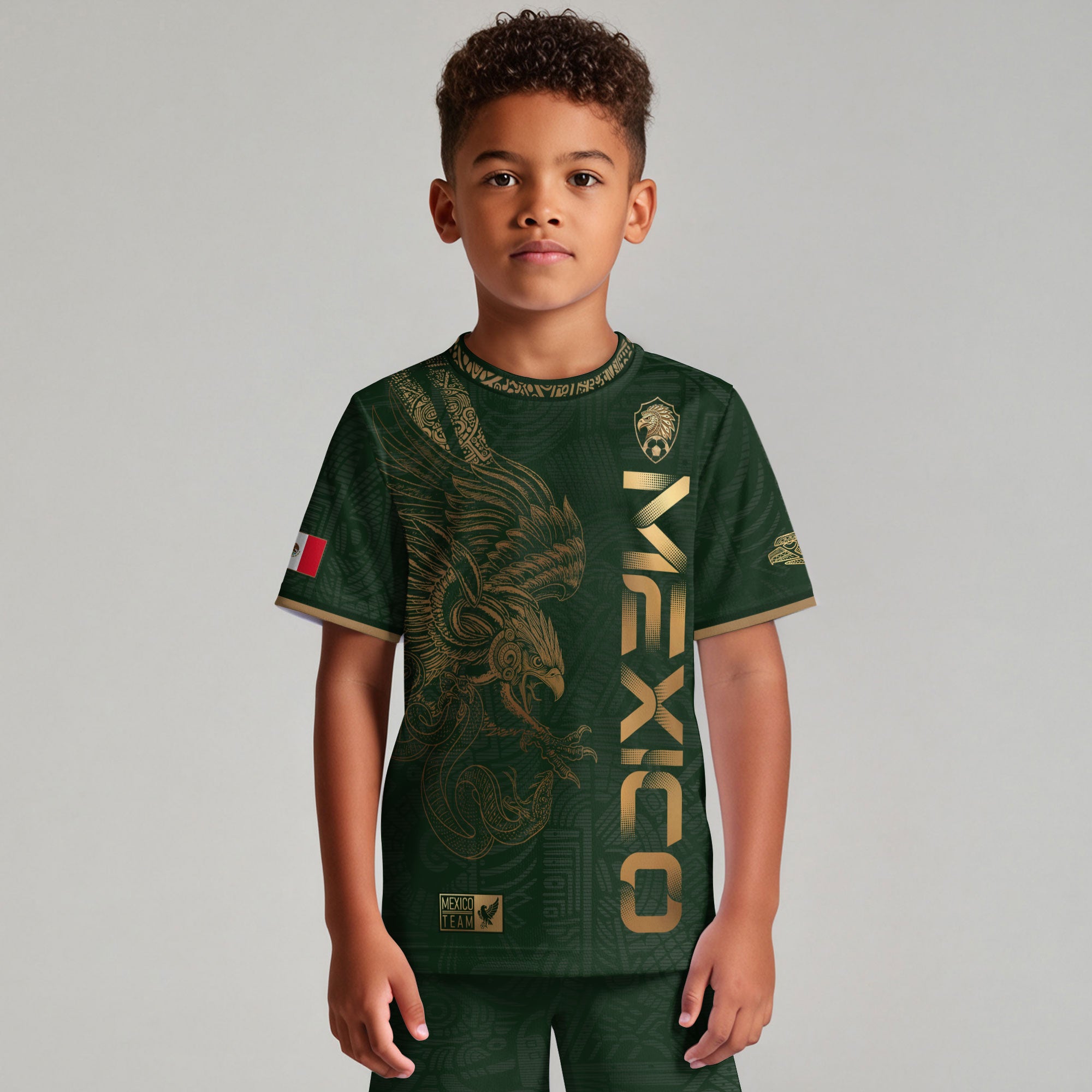 Mexico Green Gold Eagle Graphic Youth Fan Kids Soccer Jersey