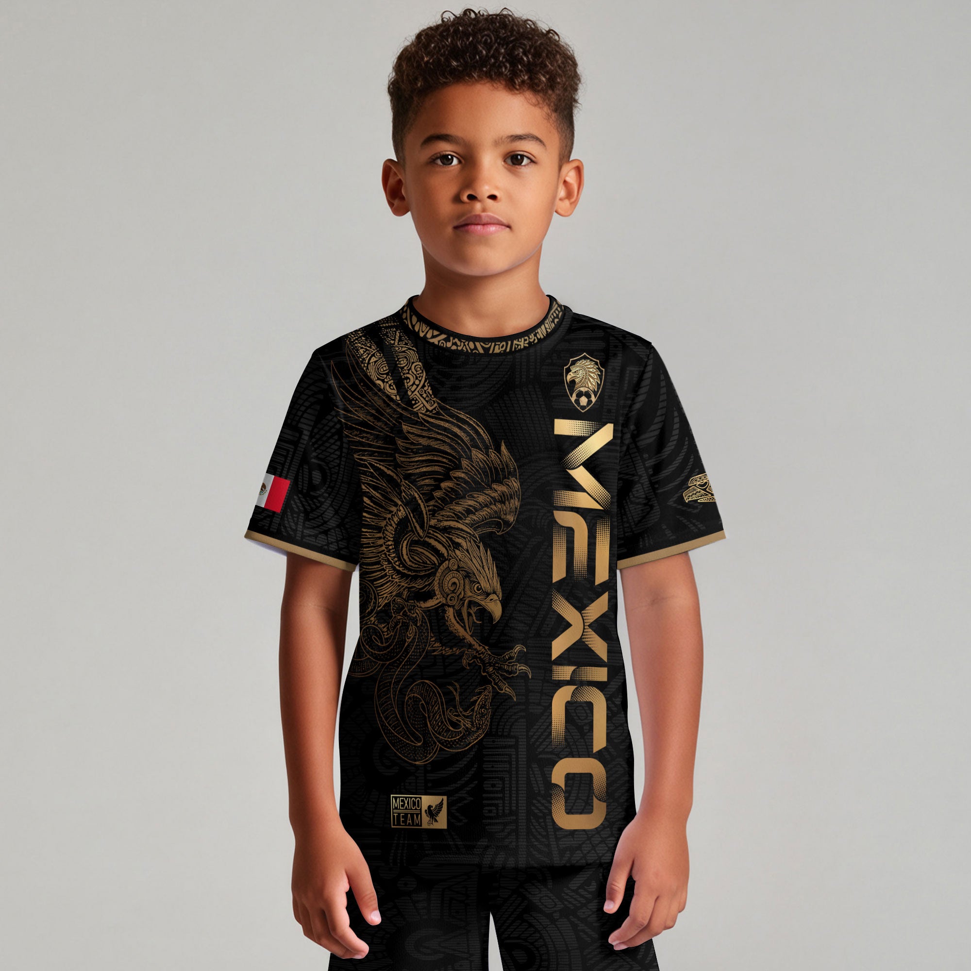 Mexico Black Gold Eagle Vertical Print Youth Fan Soccer Jersey