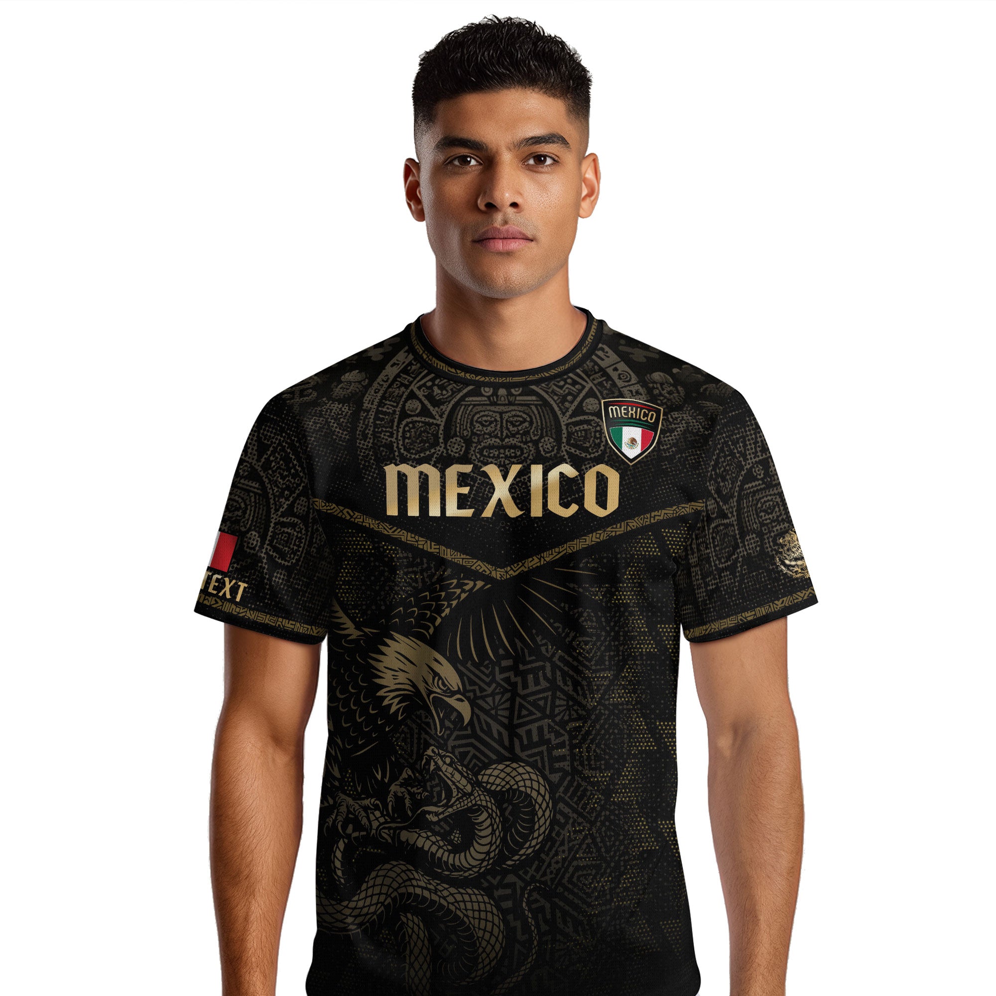 Custom Mexico Soccer Jersey Black Gold Aztec Eagle Serpent Design