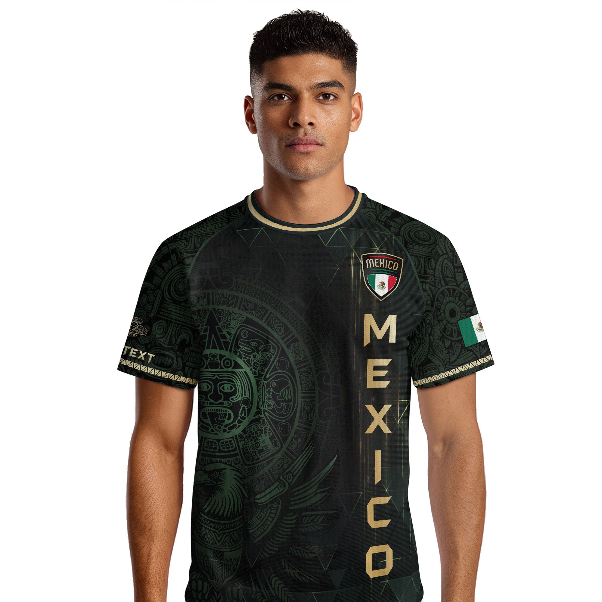 Custom Mexico Soccer Jersey Black Gold Heritage Aztec Calendar Design