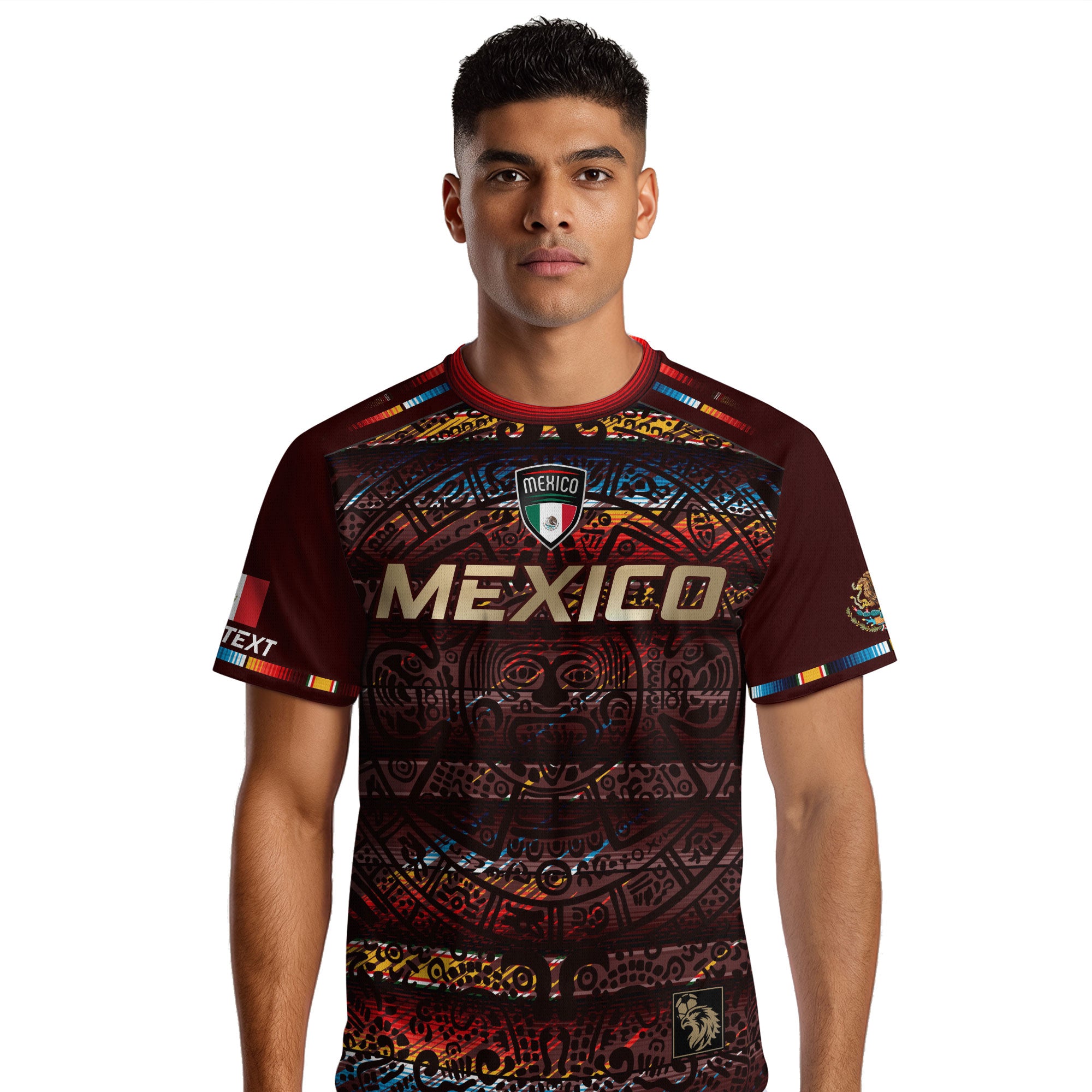 Custom Mexico Soccer Jersey Burgundy Gold Heritage Aztec Calendar Design