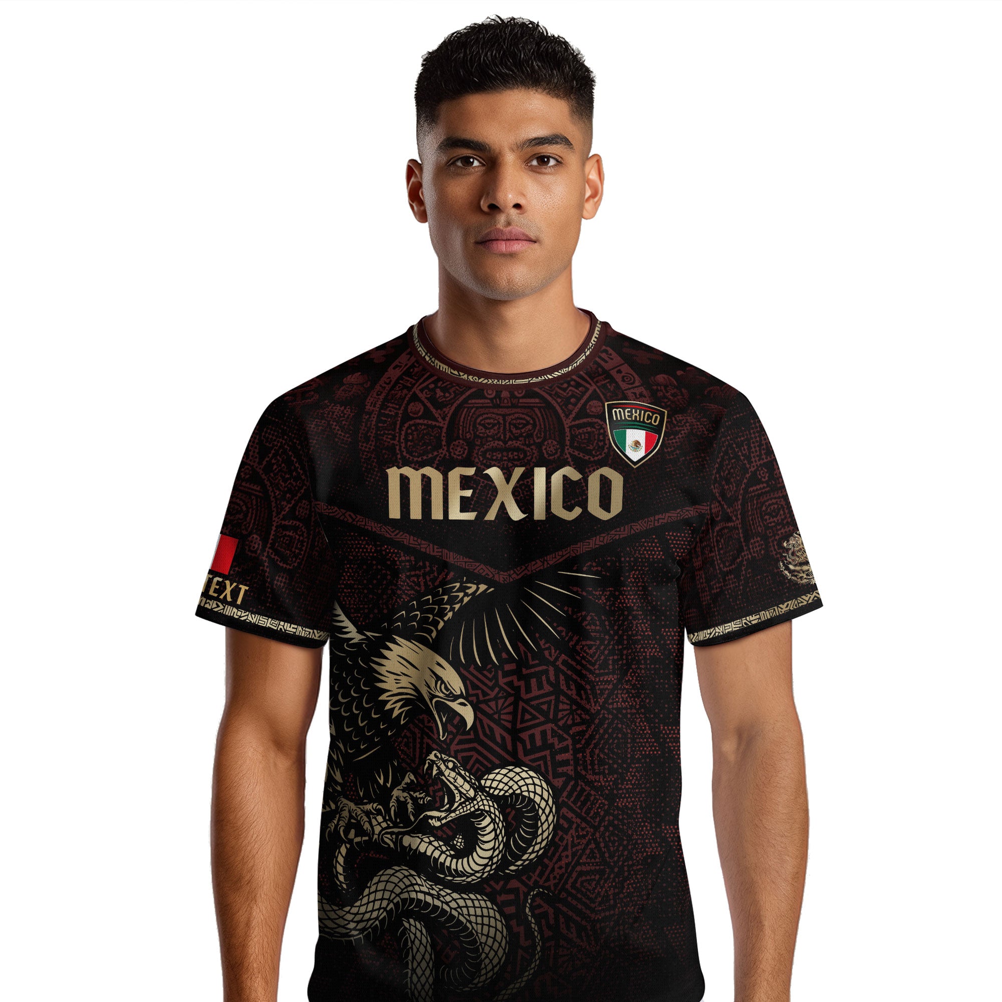 Custom Mexico Soccer Jersey Burgundy Gold Aztec Eagle Serpent Design