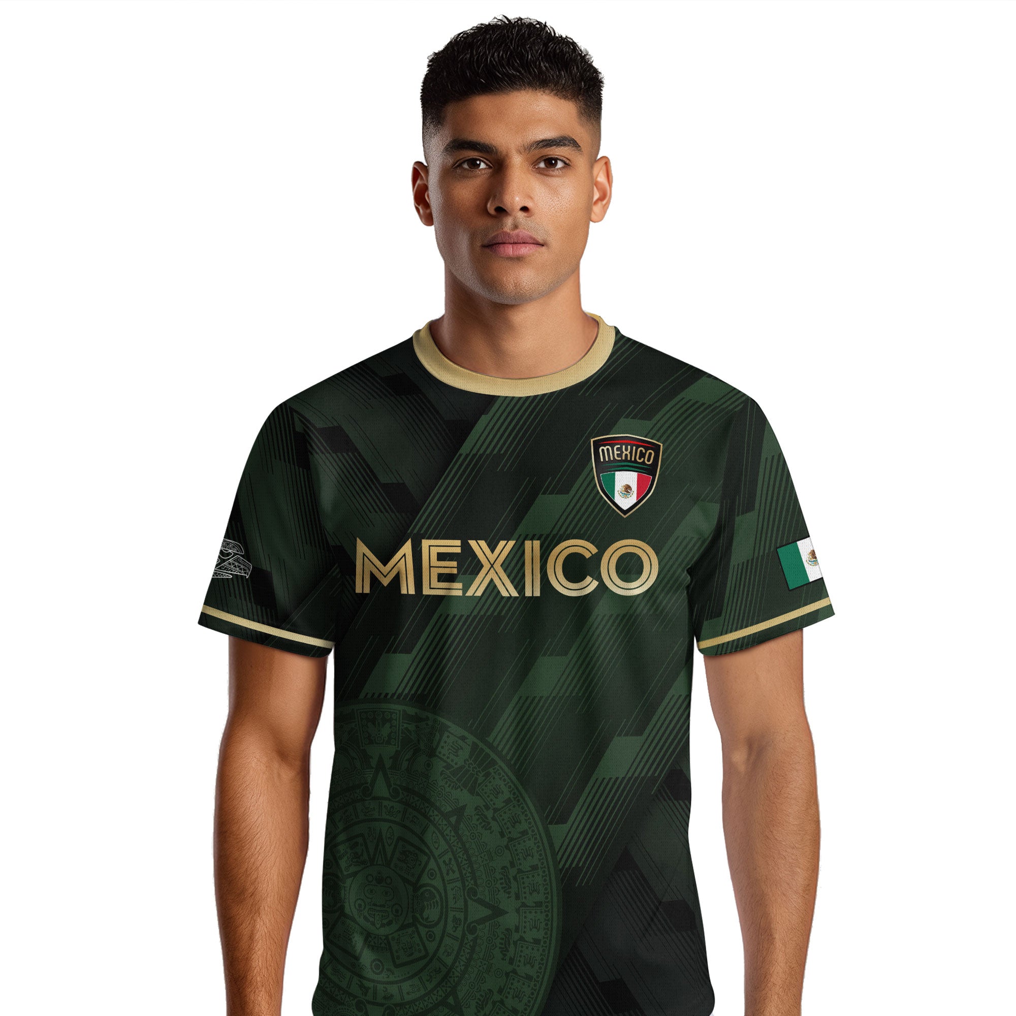 Mexico Green Soccer Jersey with Golden Aztec Sunstone Design