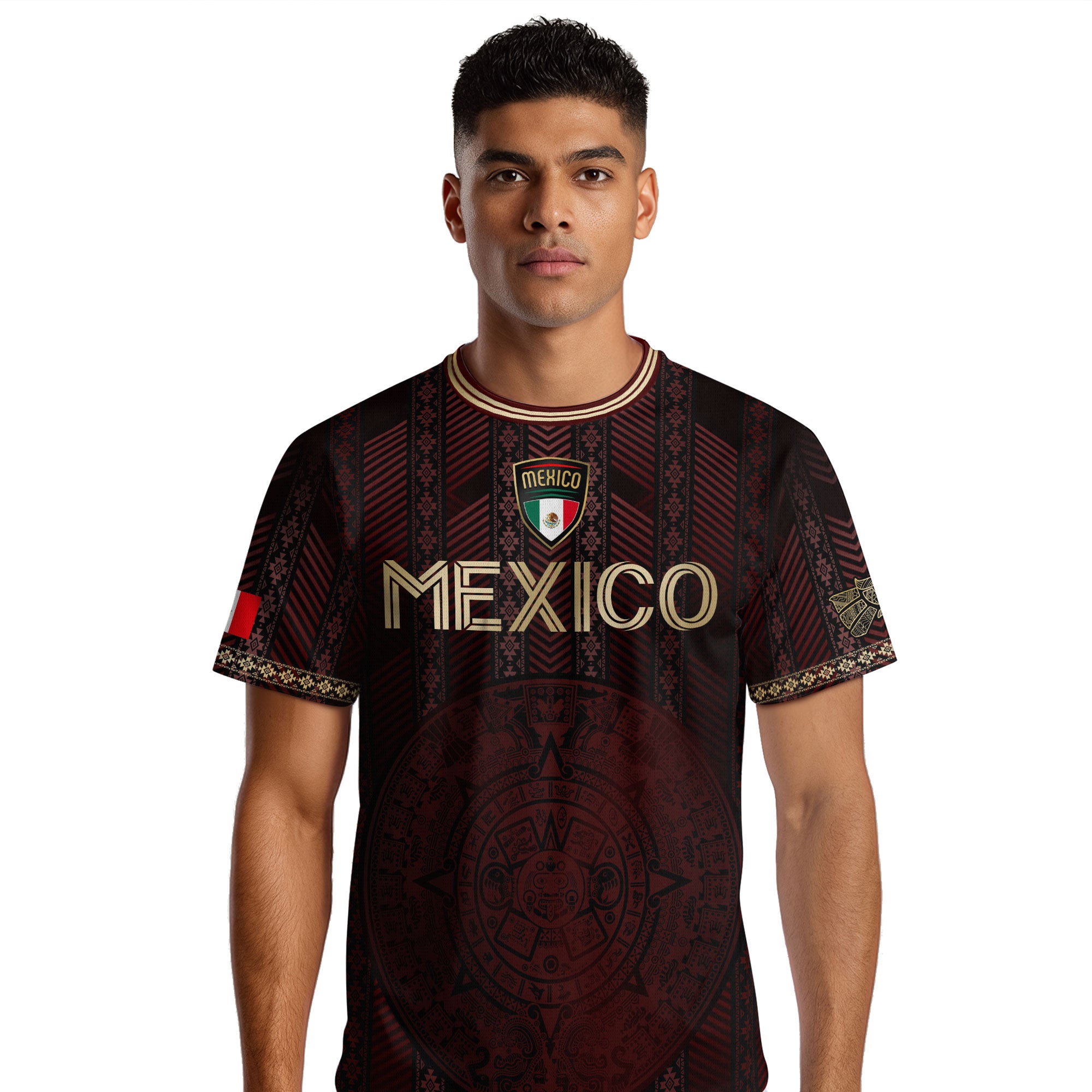 Mexico Burgundy Soccer Jersey with Golden Aztec Calendar and Eagle Crest