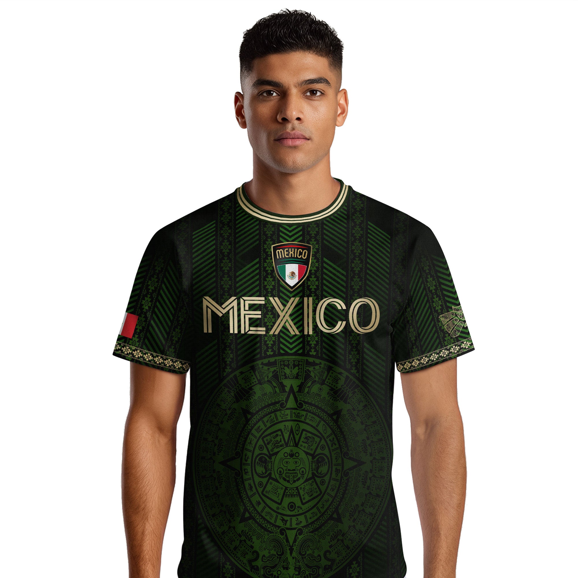 Mexico Green Soccer Jersey with Golden Aztec Calendar and Eagle Crest