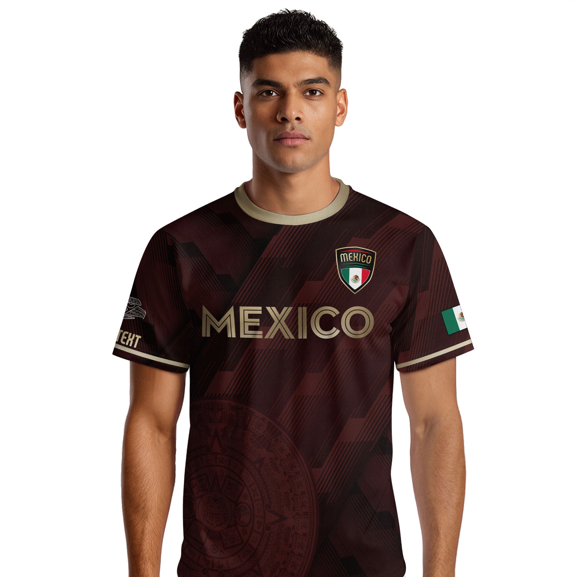 Custom Mexico Maroon Soccer Jersey with Golden Aztec Calendar Pattern