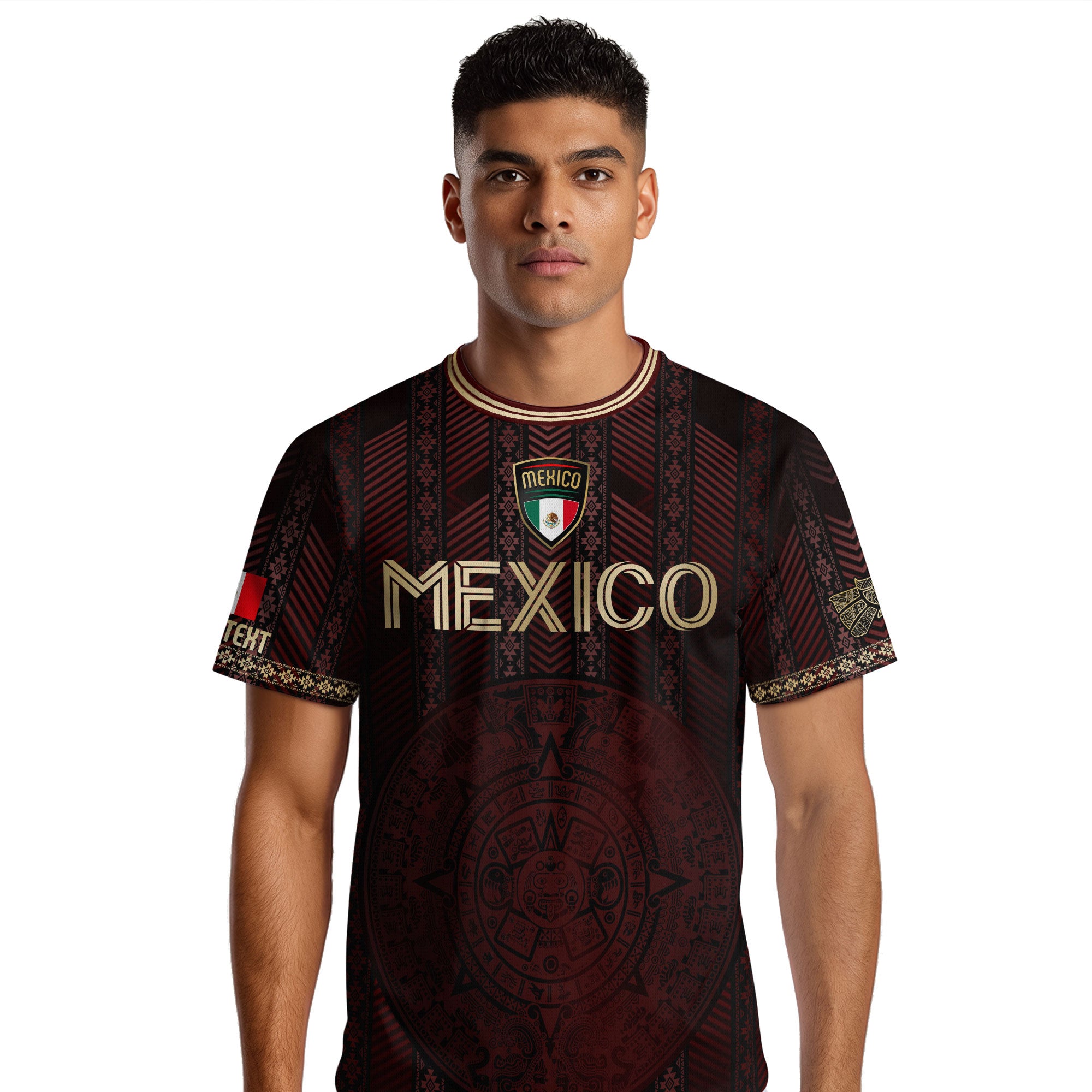Custom Mexico Burgundy Soccer Jersey with Golden Aztec Calendar Design