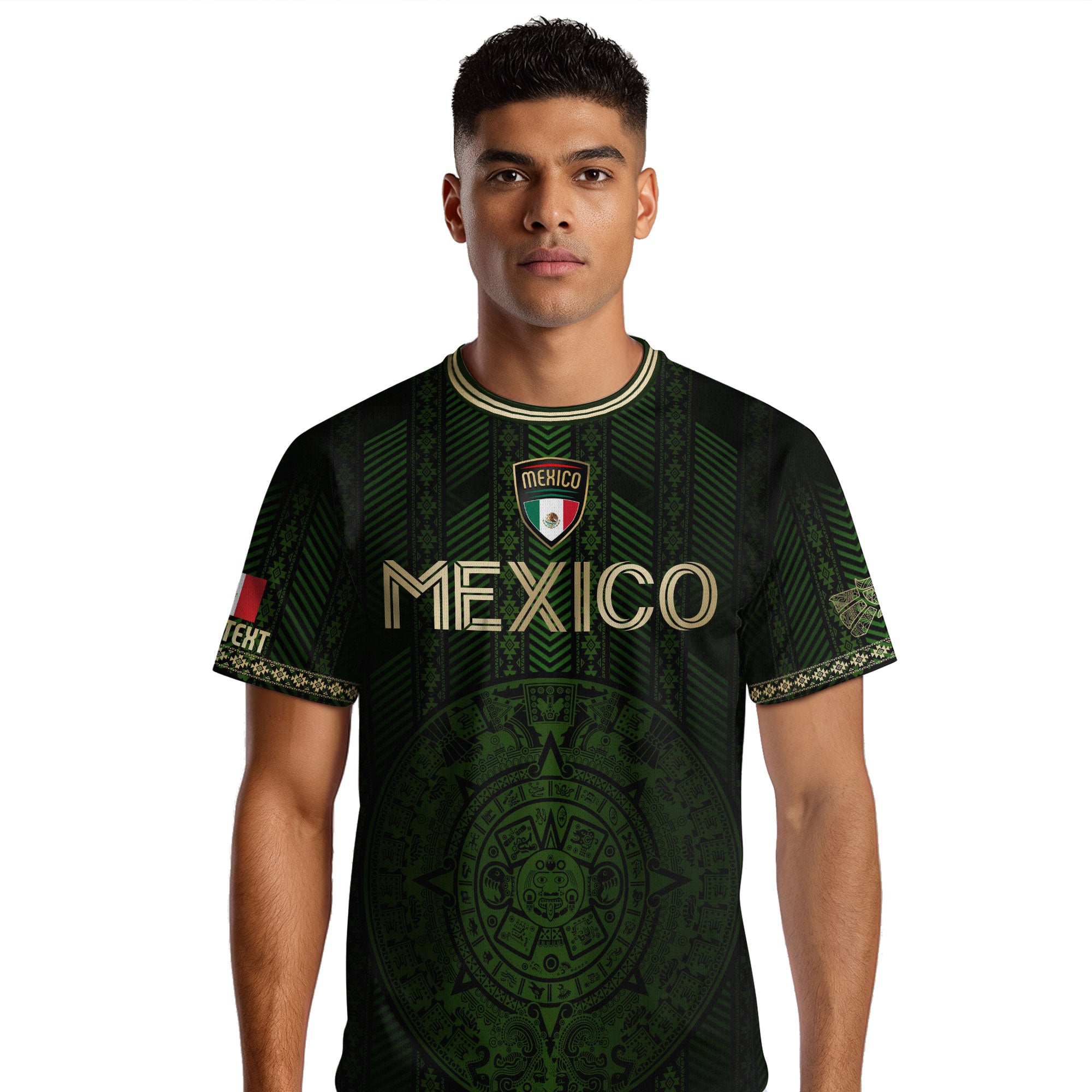 Custom Mexico Green Soccer Jersey with Golden Aztec Calendar Pattern