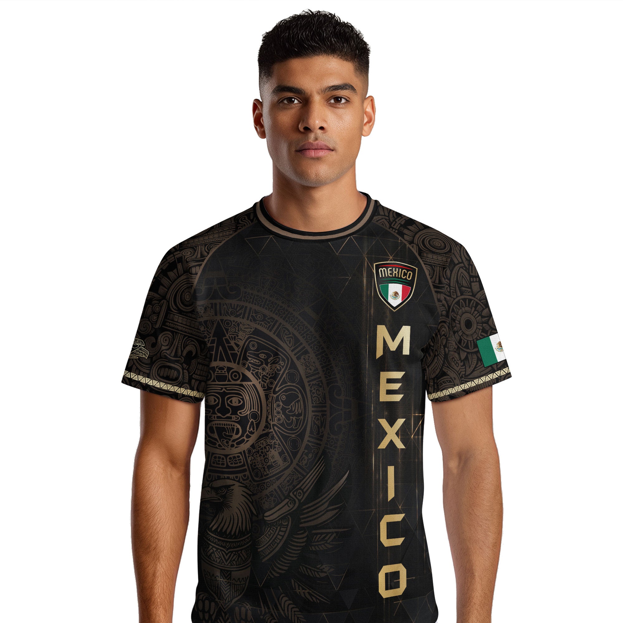 Mexico Soccer Jersey Black Gold Aztec Calendar & Eagle Emblem