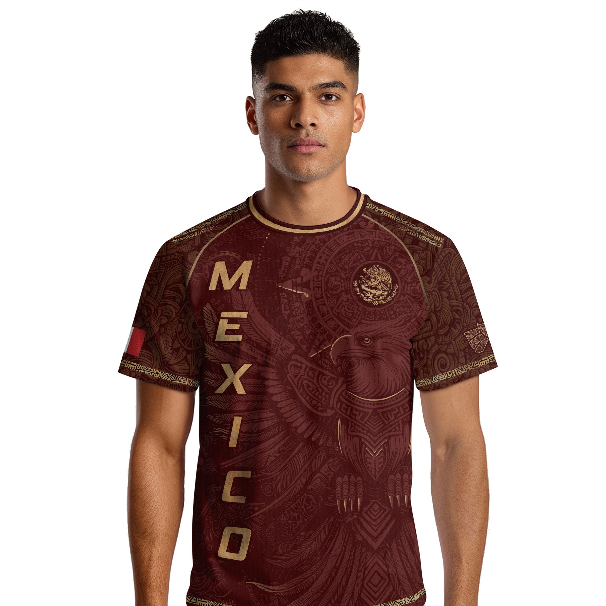 Mexico Soccer Jersey Red Gold Aztec Eagle & National Emblem