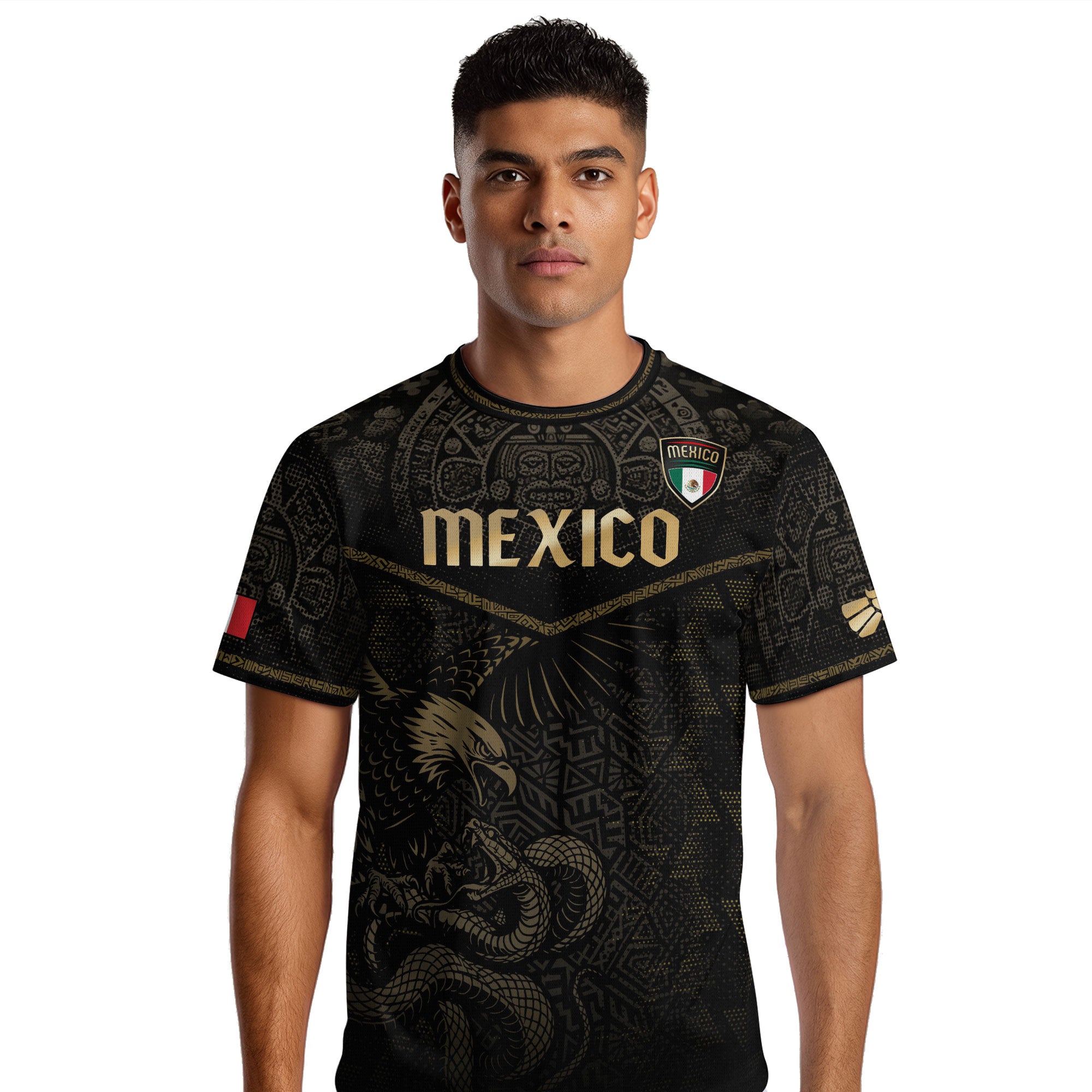Mexico Soccer Jersey Black Gold Eagle & Snake Aztec Design