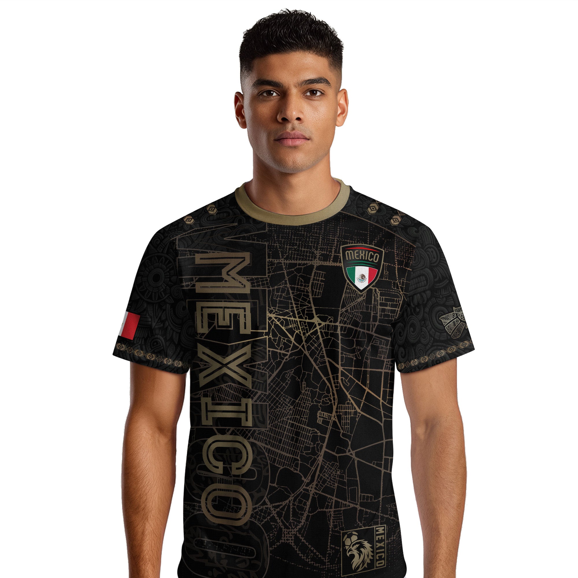 Mexico Soccer Jersey Black Gold City Map & Eagle Emblem