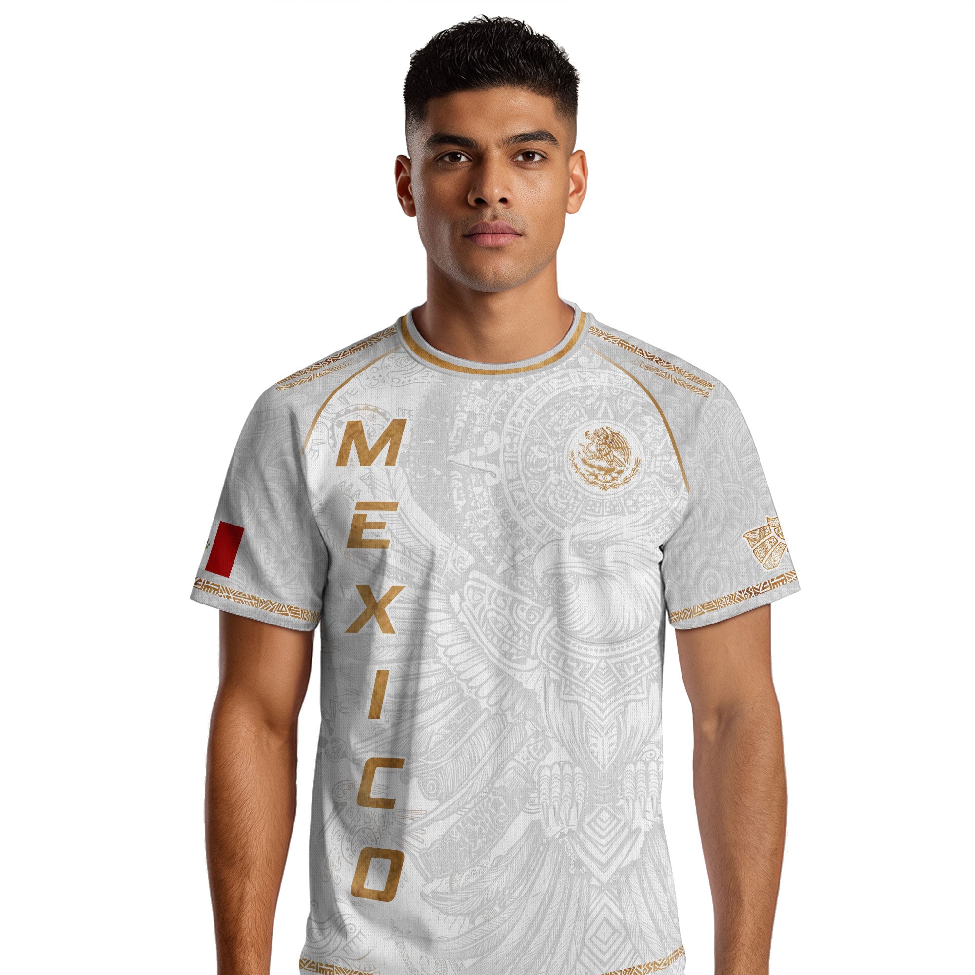 Mexico Soccer Jersey White Gold Aztec Eagle Design