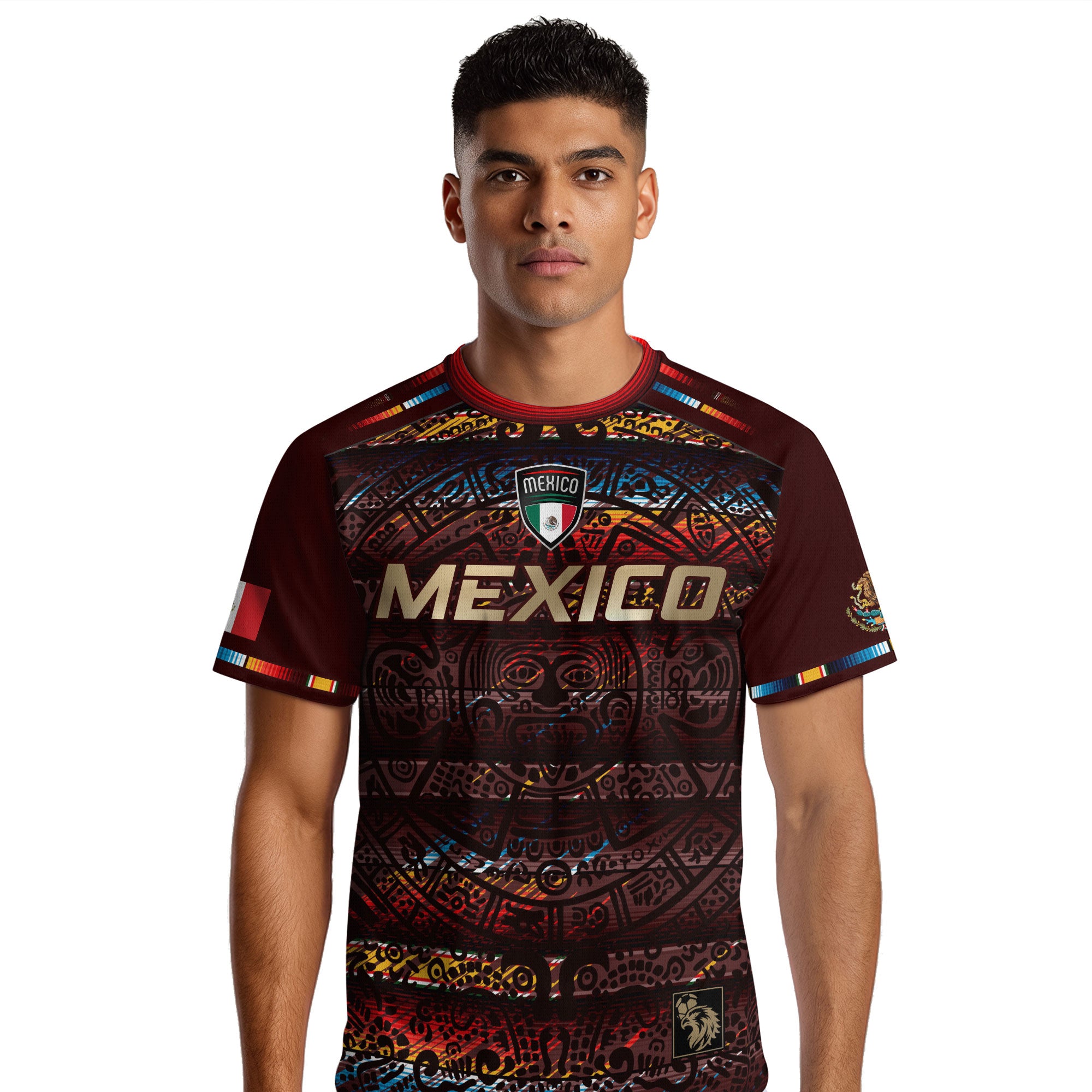 Mexico Soccer Jersey Red Multitone Aztec Calendar & Eagle Crest