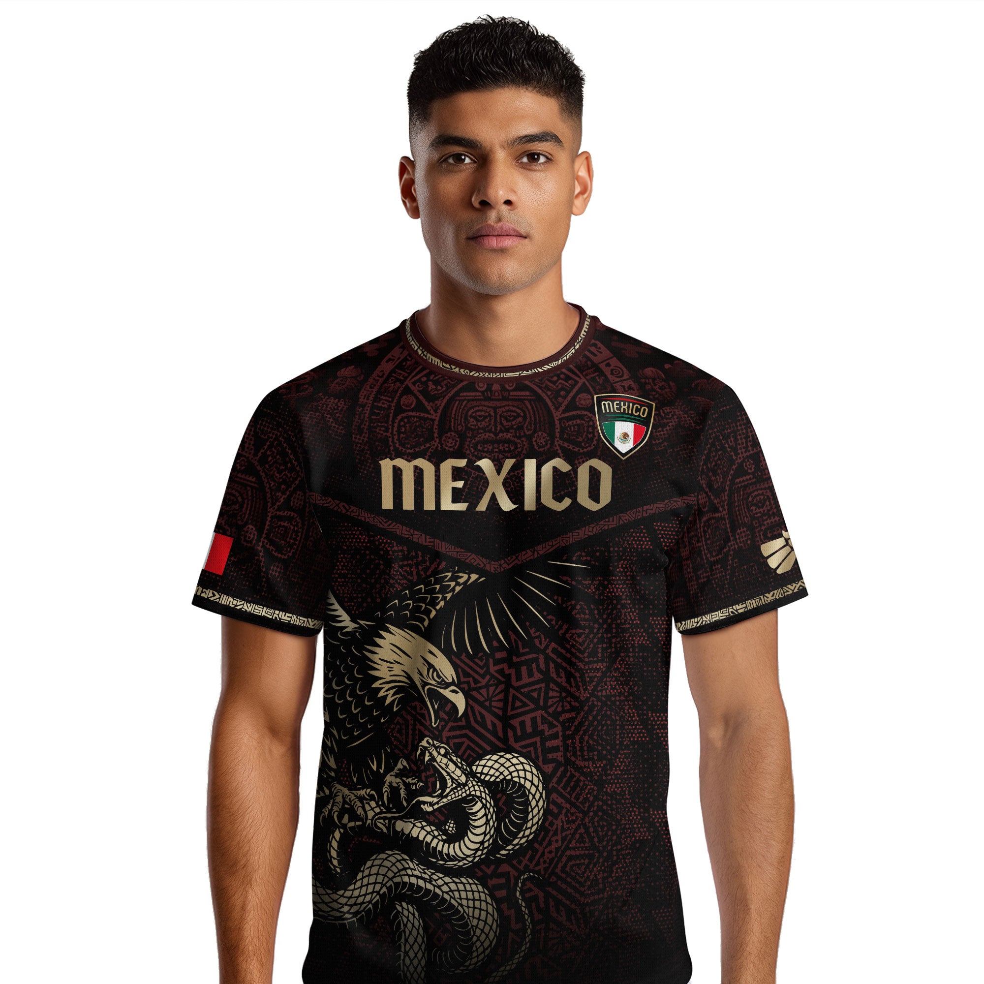 Mexico Soccer Jersey Maroon Gold Aztec Eagle & Serpent Design