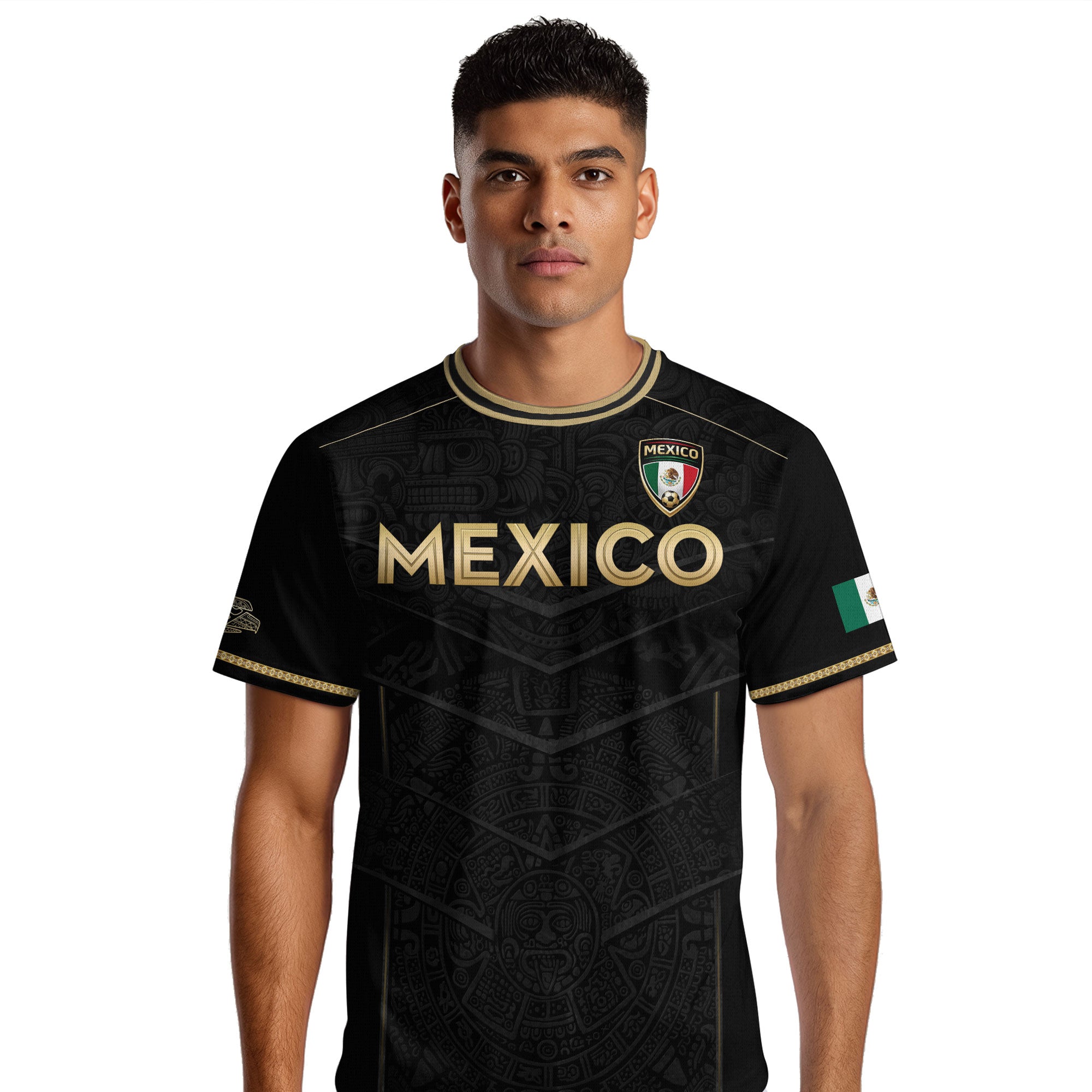 Camiseta de fútbol premium con emblema de águila azteca verde y dorado de México