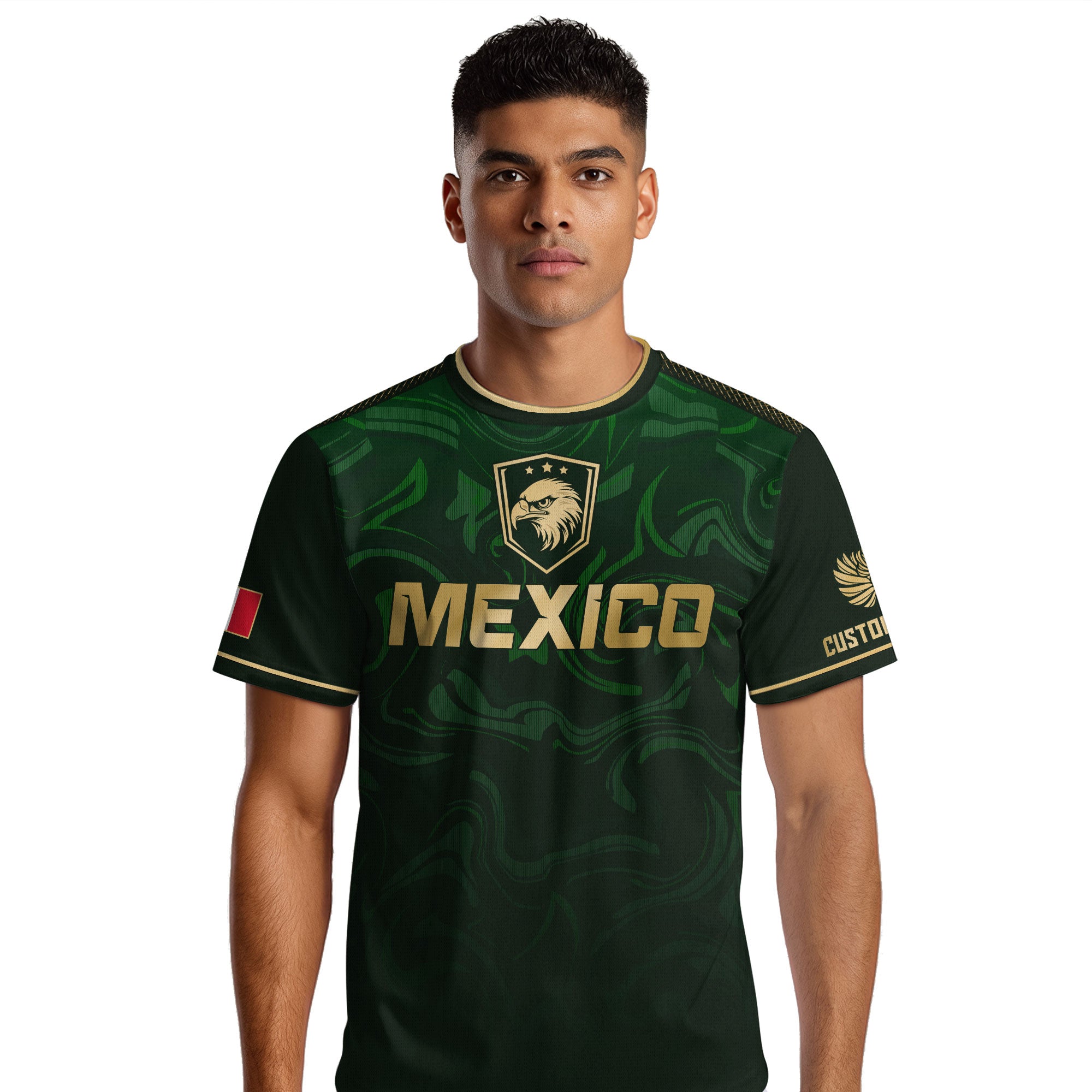 Custom Mexico Green Eagle Soccer Jersey Gold Crest Heritage Edition