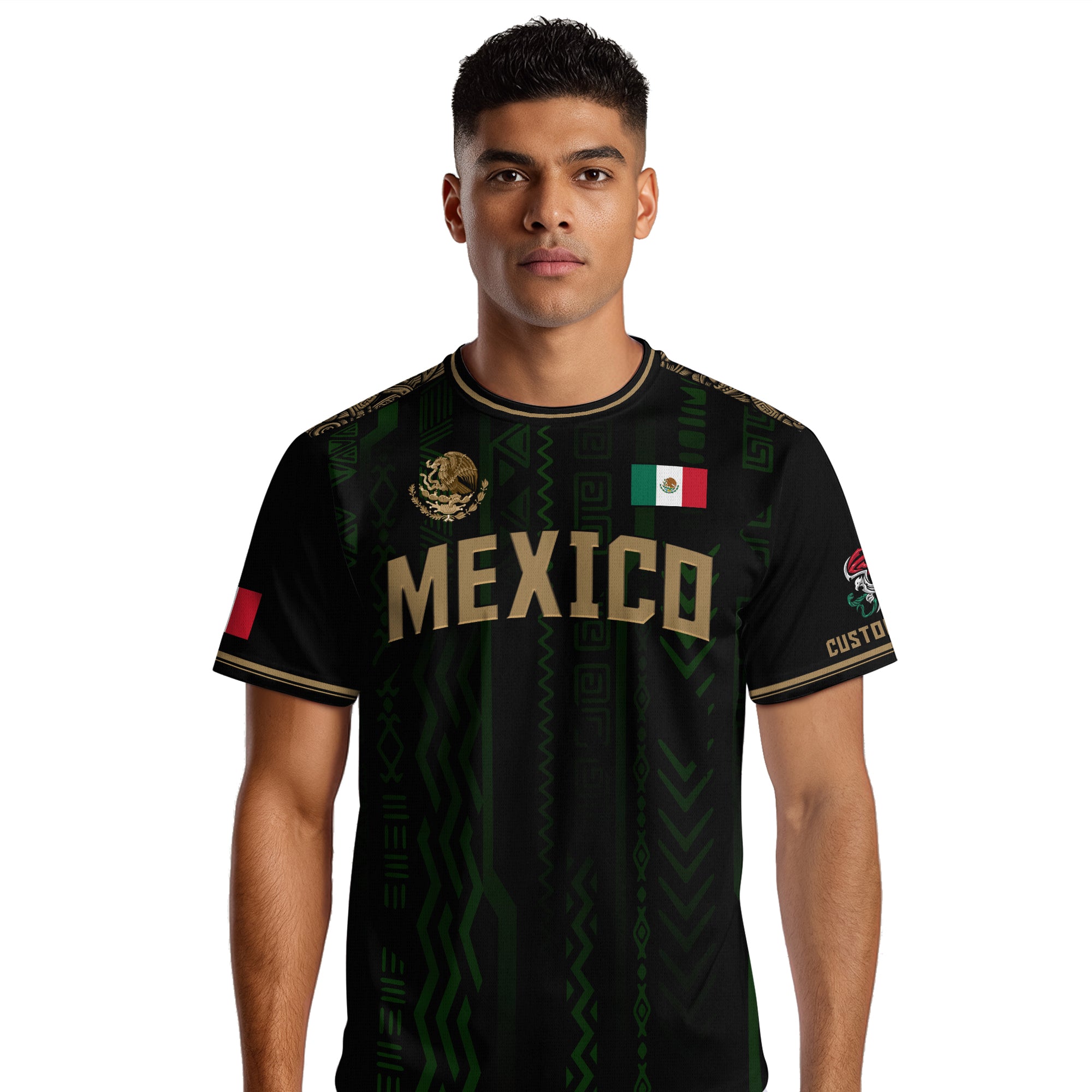 Custom Mexico Soccer Jersey Black Gold Aztec Pattern