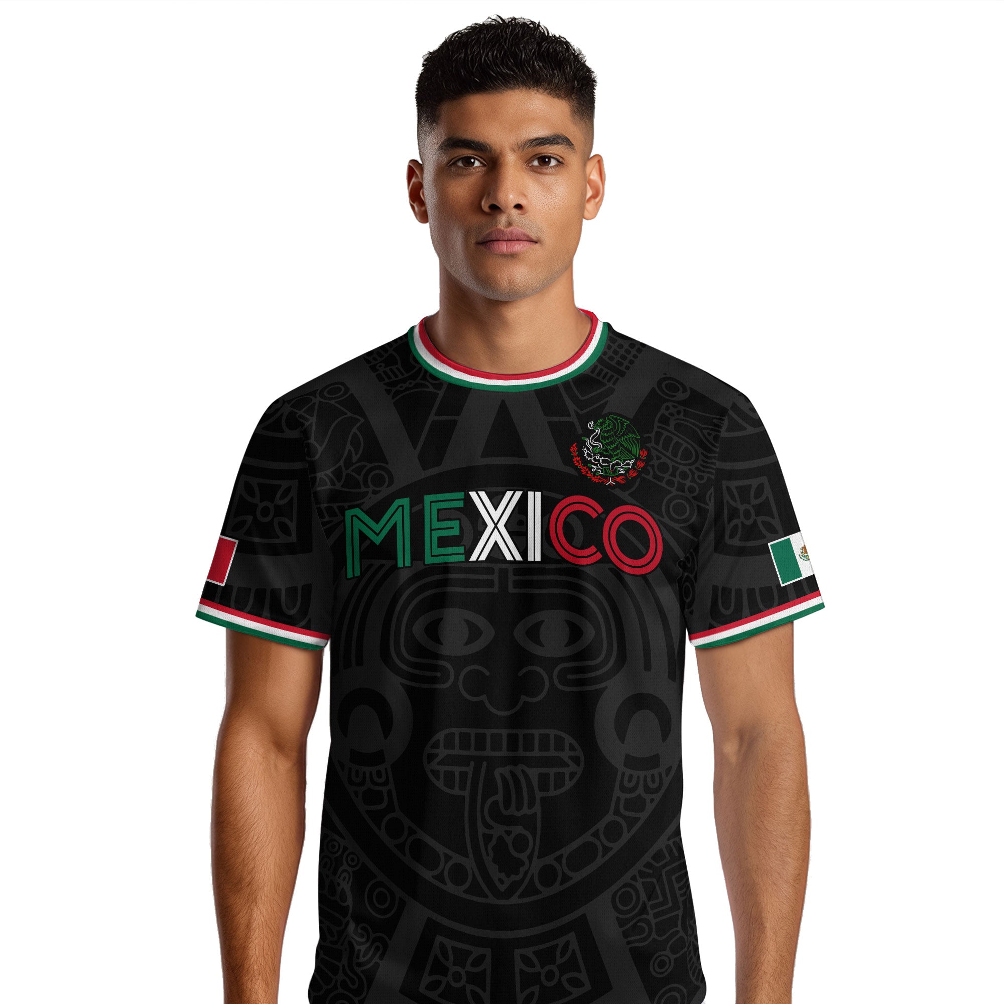 Soccer Jersey Mexico Black Aztec Pattern with Tricolor Accents