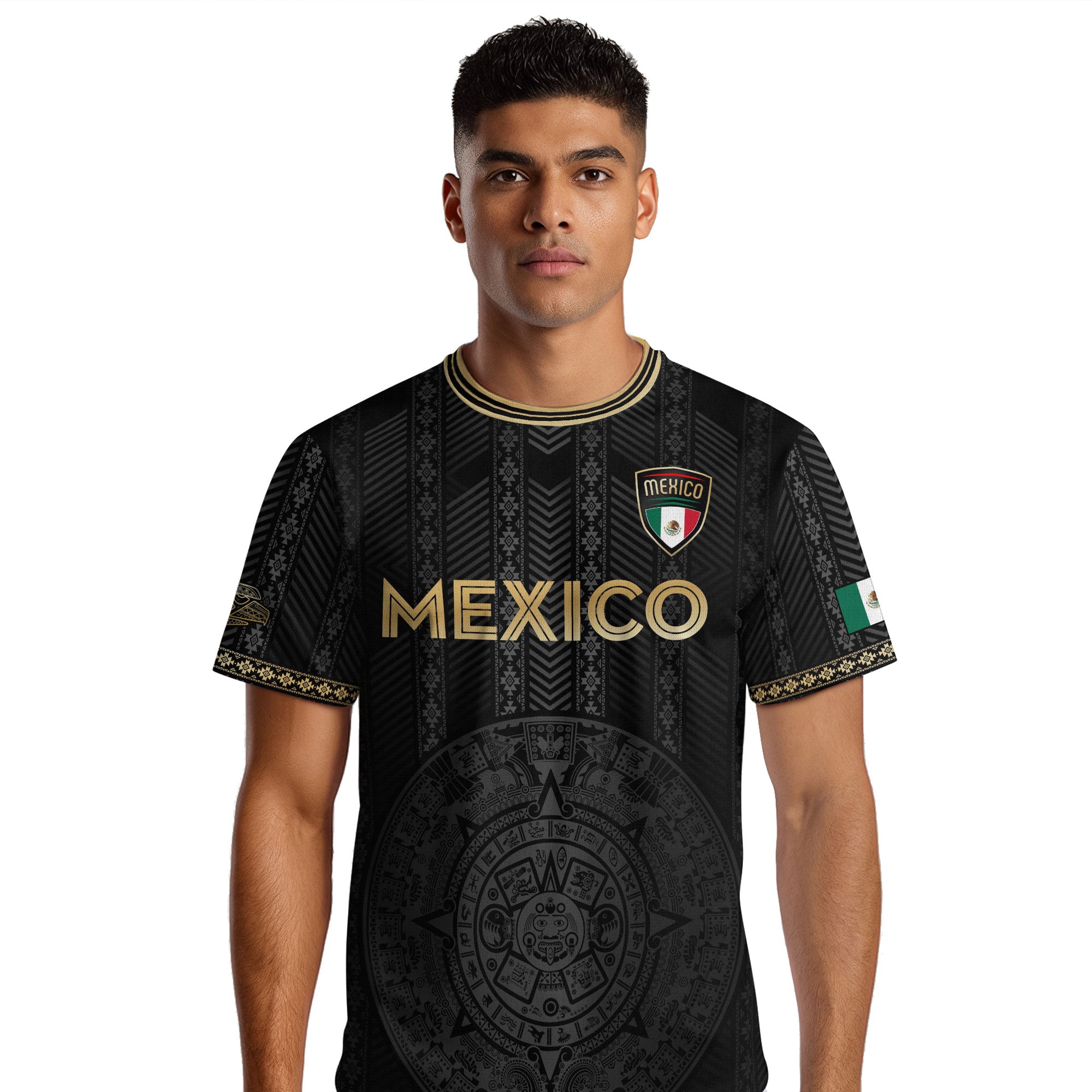 Mexico Soccer Jersey Black Gold Aztec Calendar Design